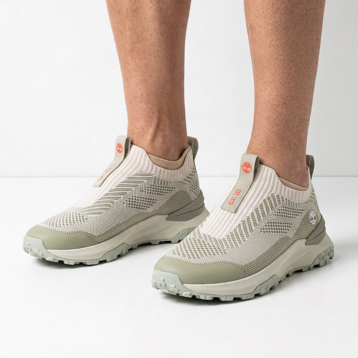 Timberland sage green slip-on knit sneakers with lug sole