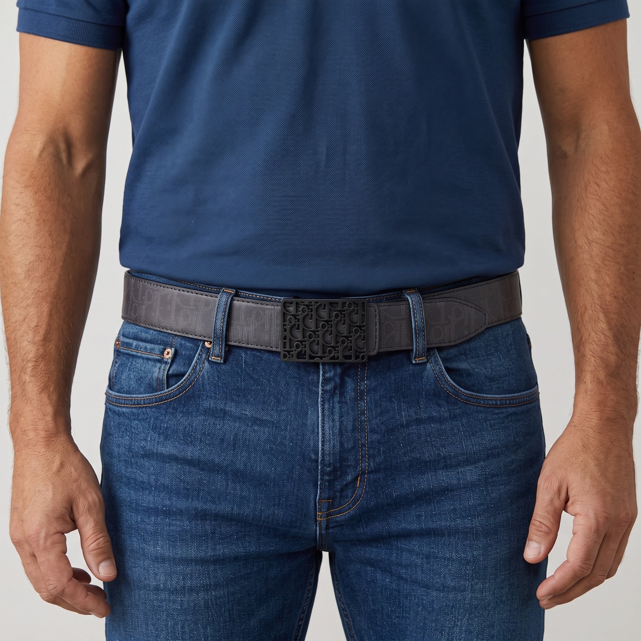 men's grey monogram belt with black logo buckle
