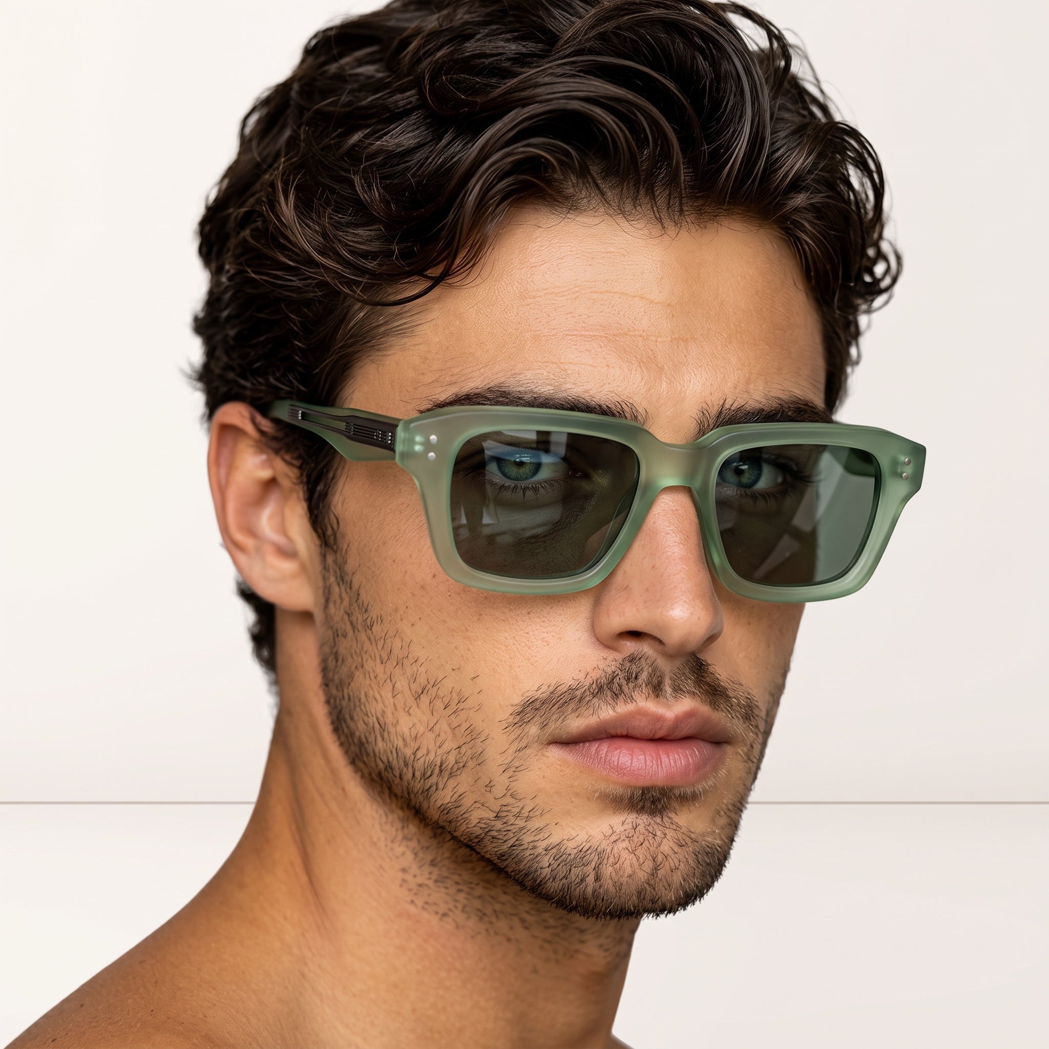 Close-up of man wearing oversized matte green square sunglasses