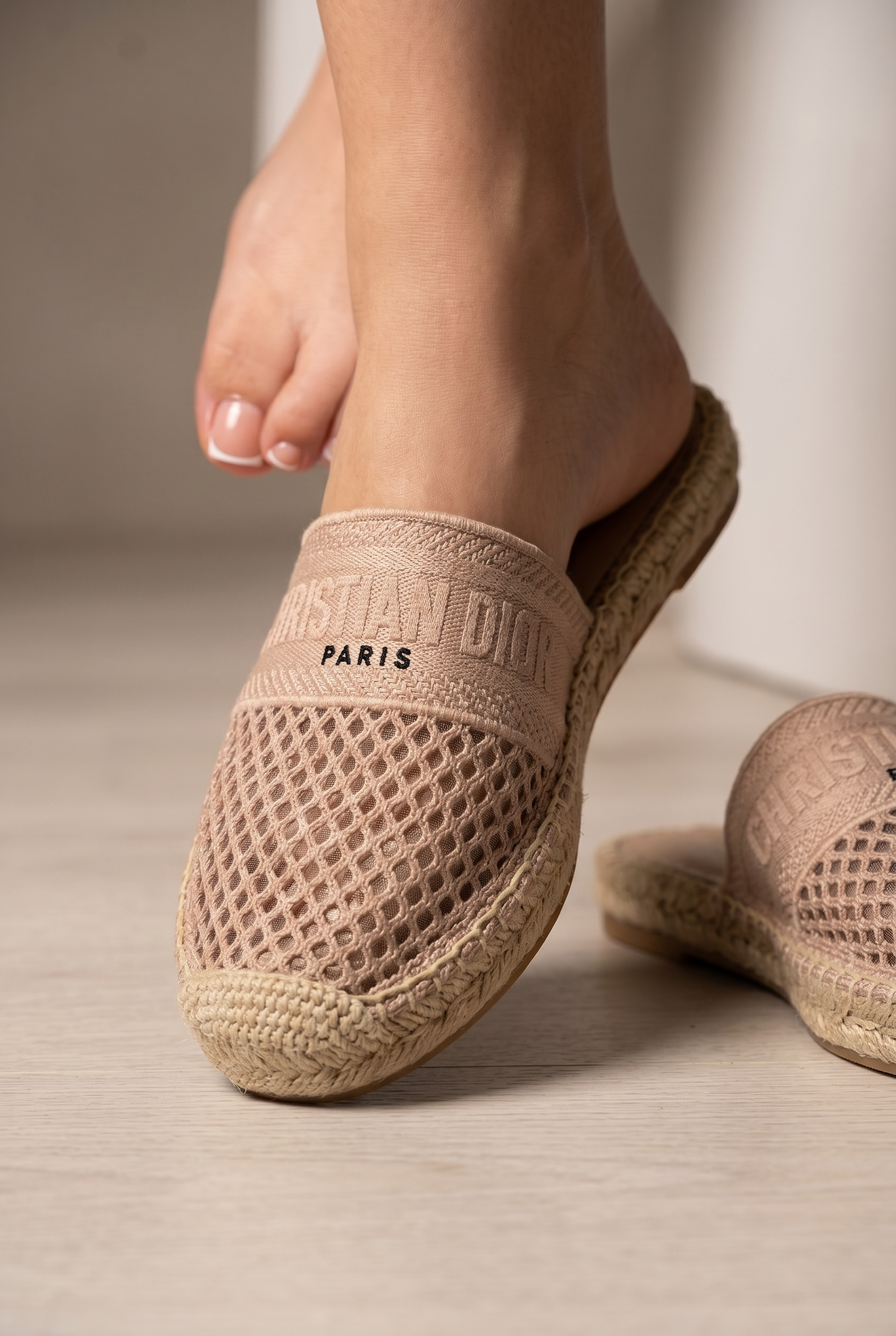 Christian pink Mesh Espadrille Slides – Beige Luxury Summer Mules 🌾✨ | Dior Designer Casual Sandals