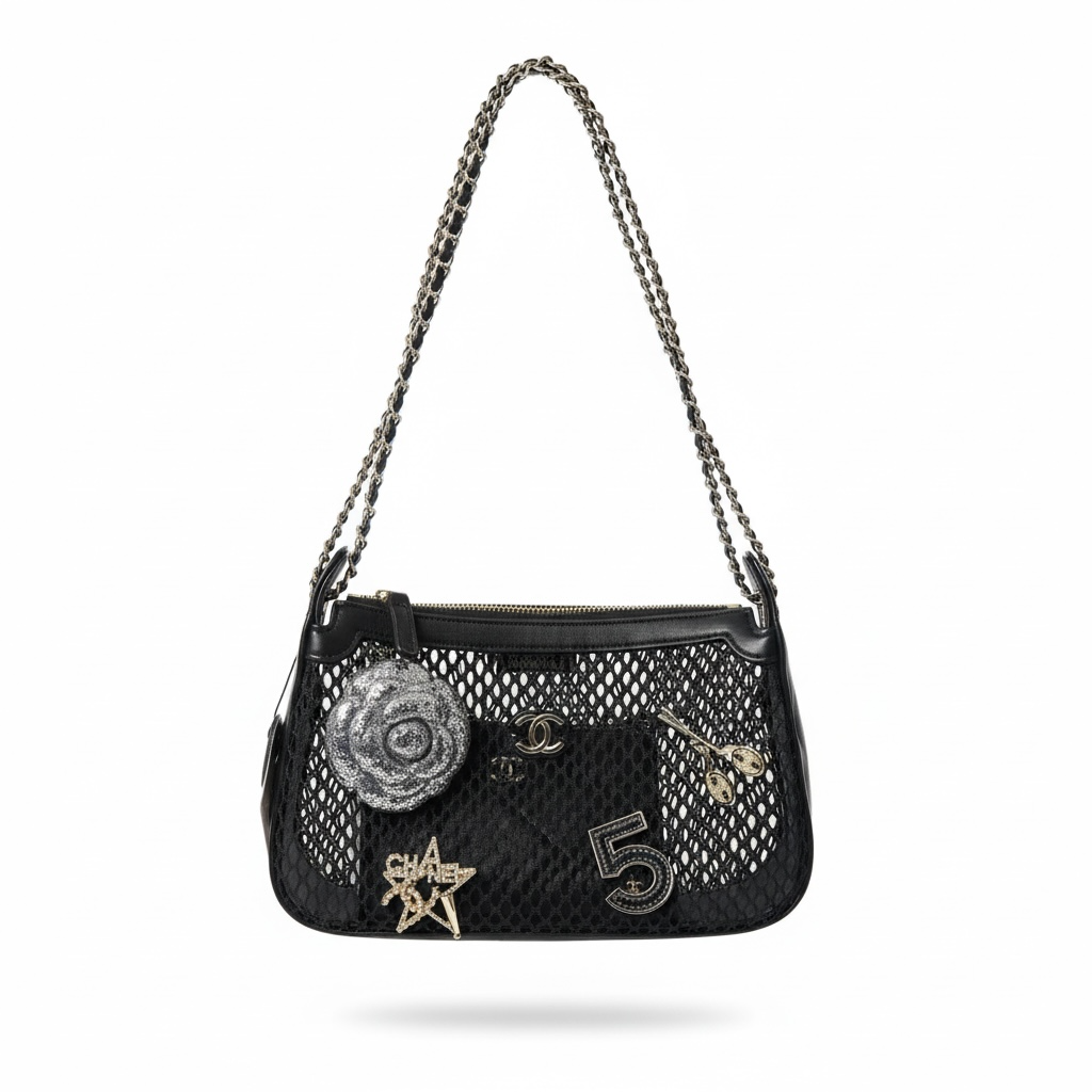 CHANEL Mesh Charm Shoulder Bag – Black Edition 🖤✨