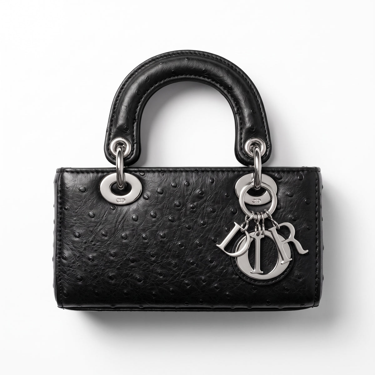 Black Dior Lady Dior top-handle bag with ostrich-effect texture and silver charms