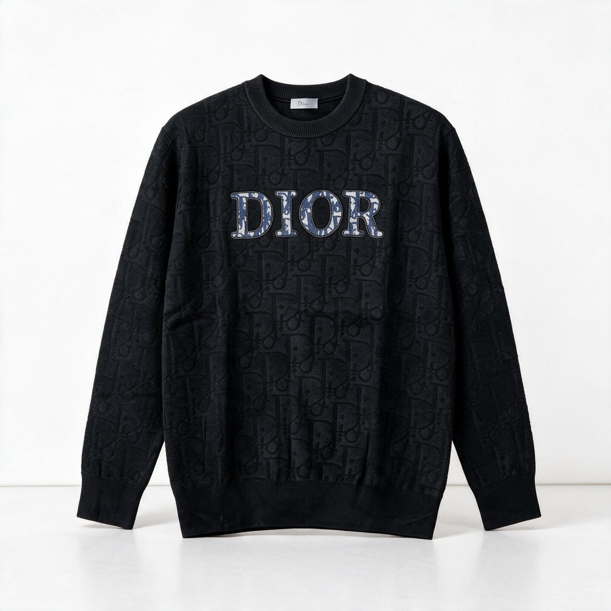 Black Dior crewneck sweater with tonal monogram and large chest logo