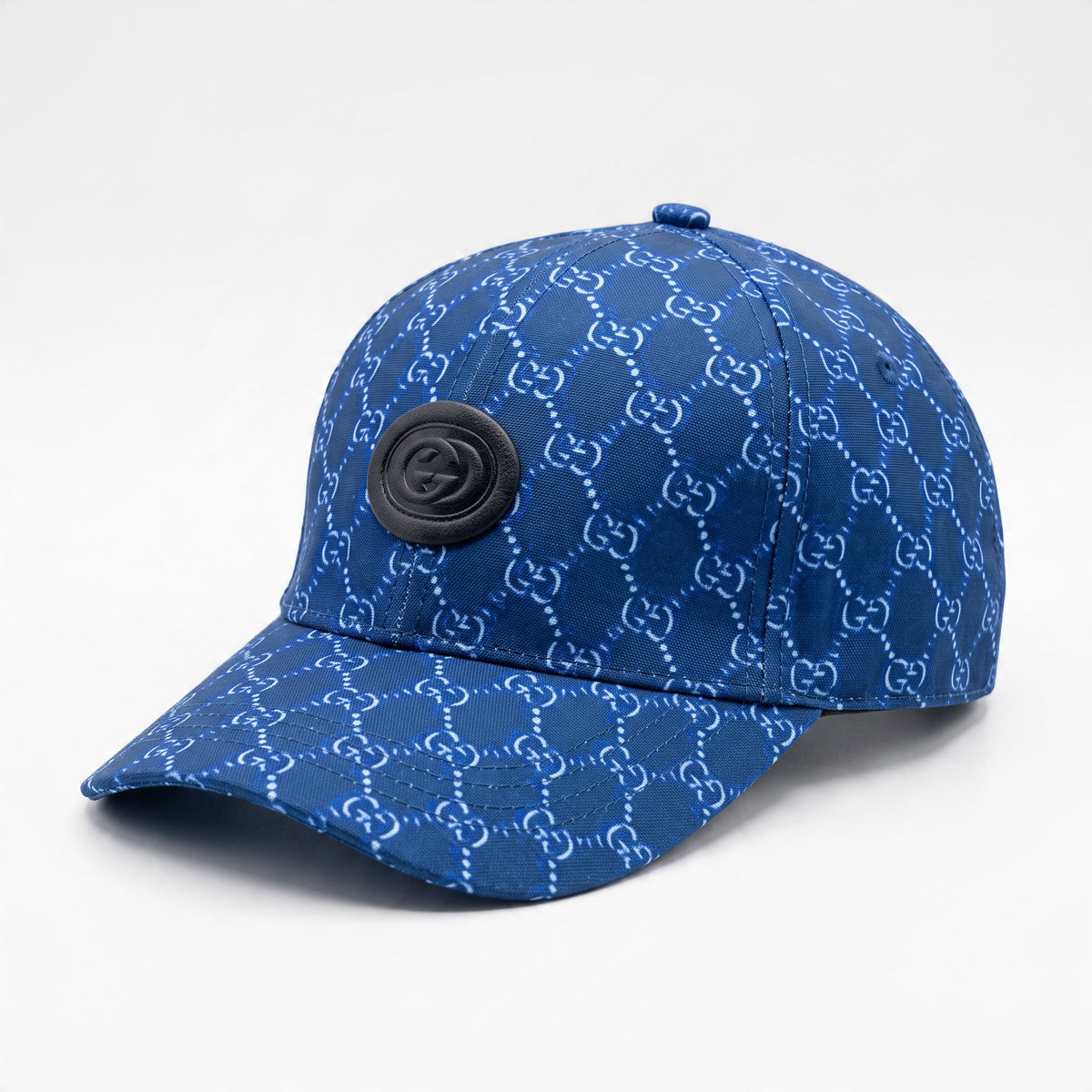blue Gucci baseball cap with allover GG monogram and round GG badge