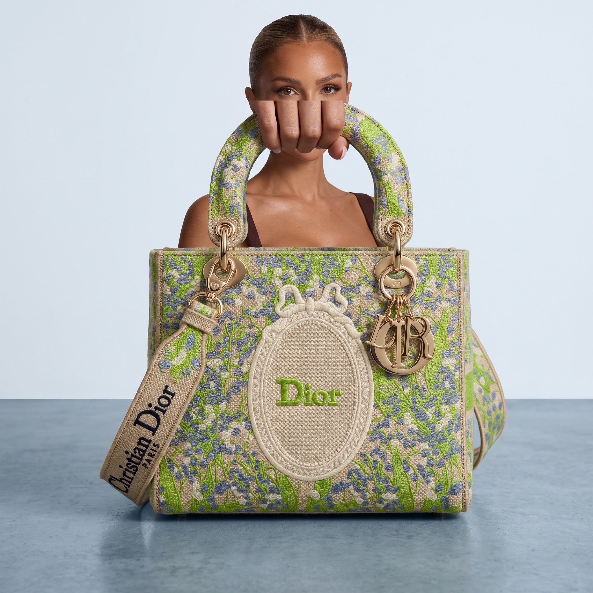 Green floral embroidered Dior Lady Dior tote with gold charms and Christian Dior strap