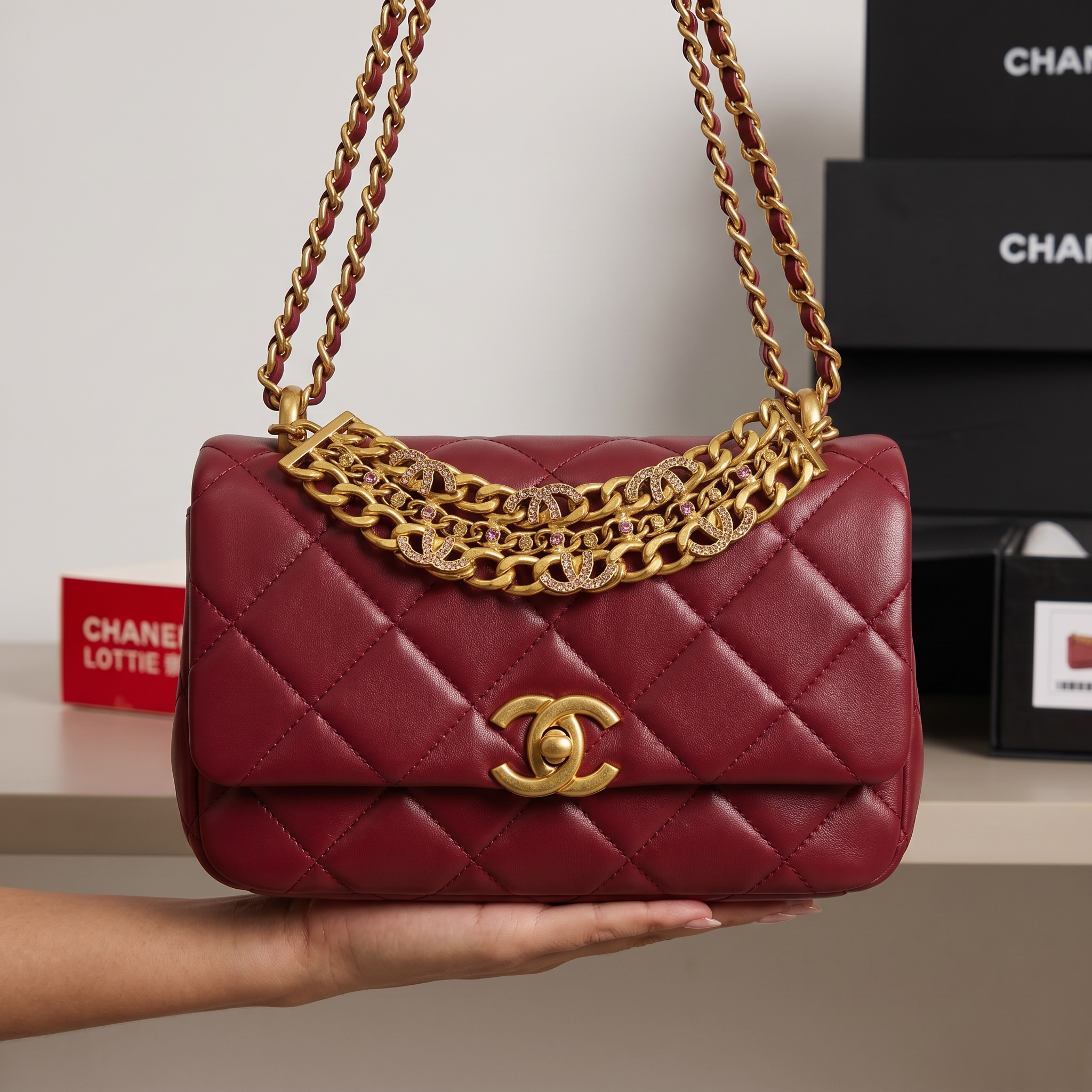 ❤️ Chanel Burgundy Crystal Chain Flap Bag ❤️