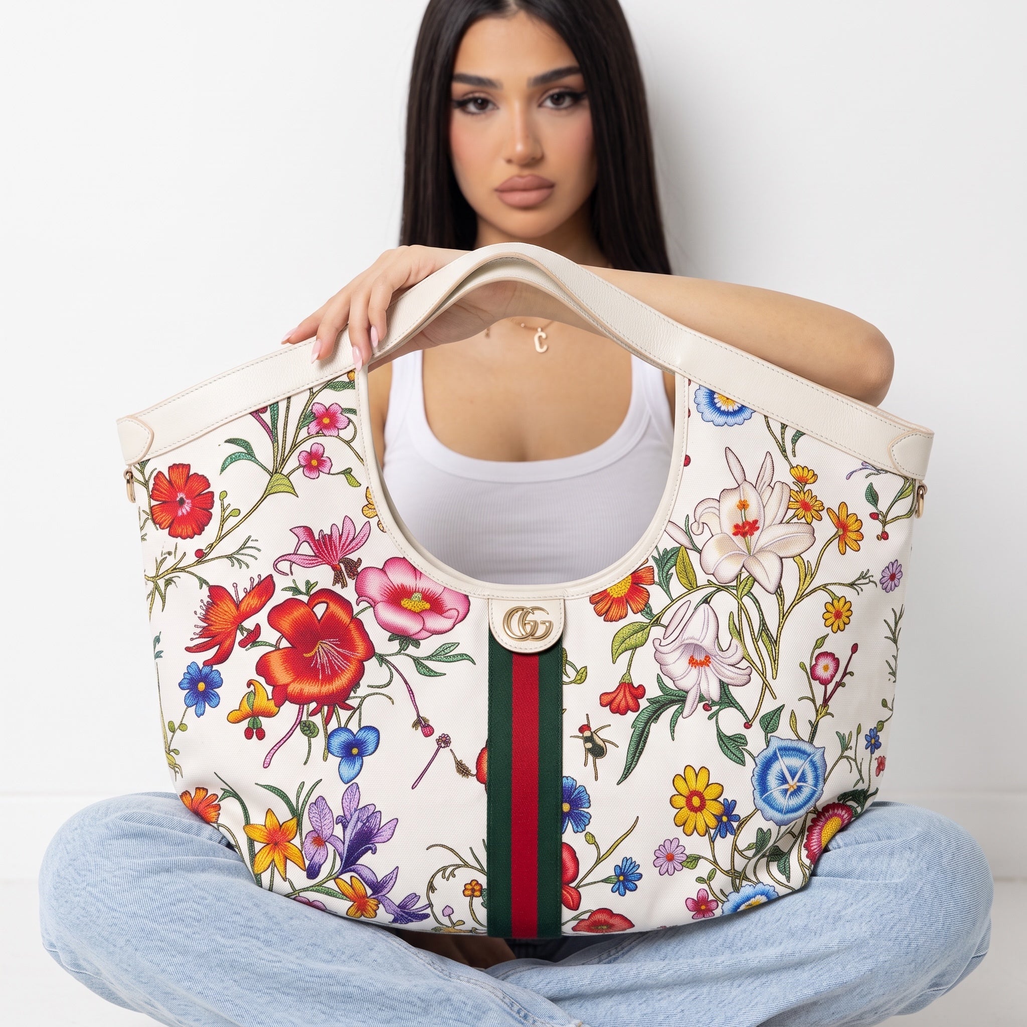 White Gucci tote bag with multicolor floral print, GG logo and green-red web stripe