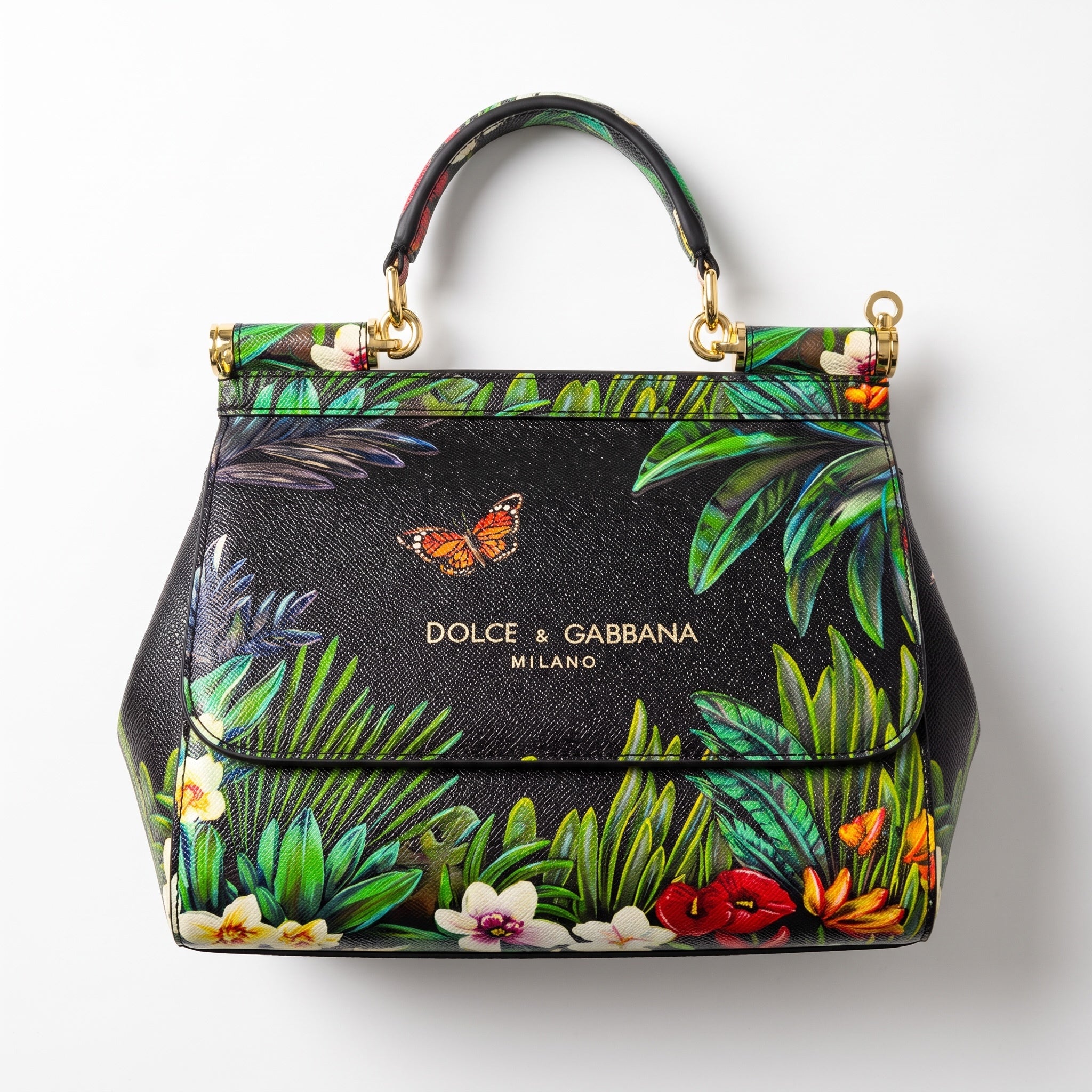 Dolce & Gabbana black Sicily top-handle bag with colourful tropical floral and butterfly print and gold hardware