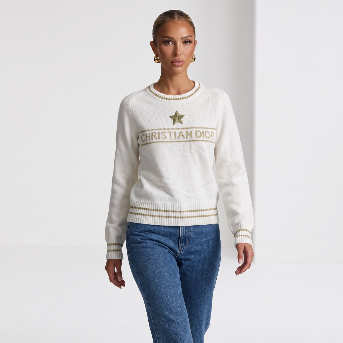 Ivory Christian Dior crewneck sweater with gold logo and star embroidered
