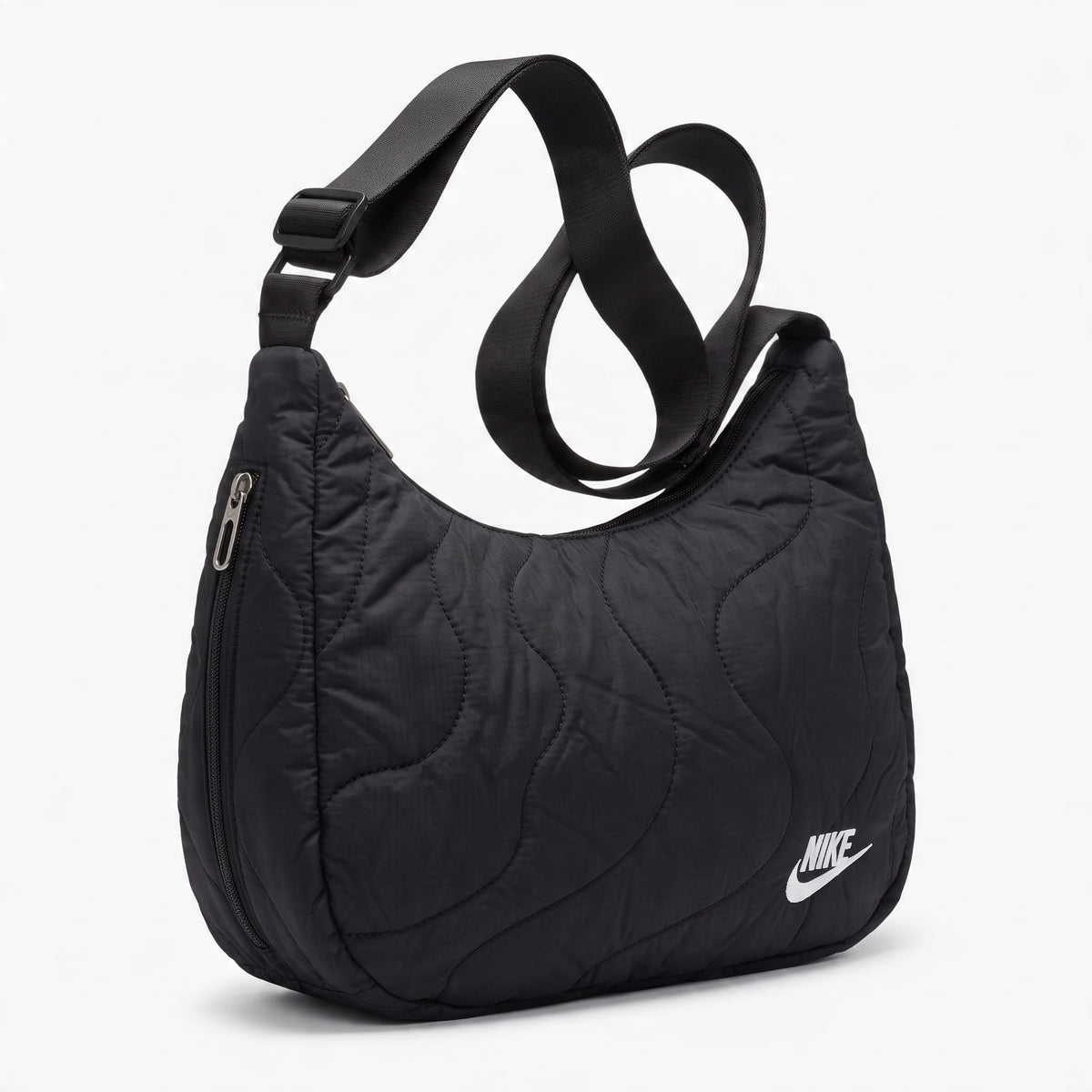 Black quilted Nike shoulder bag with wide adjustable strap and white Swoosh logo.