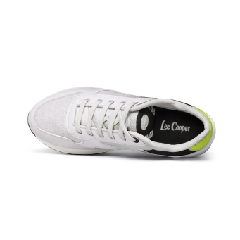 Lee Cooper white sneaker with neon green and black accents shown from side, top, back and sole