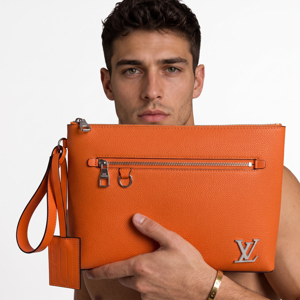 orange Louis Vuitton leather pouch with LV logo and front zip pocket