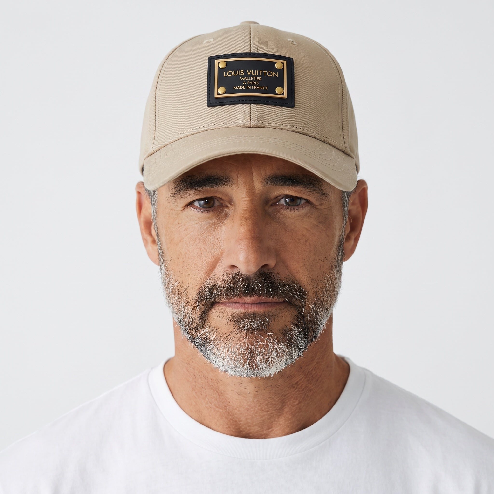 Man wearing a khaki beige Louis Vuitton Malletier baseball cap with leather logo badge