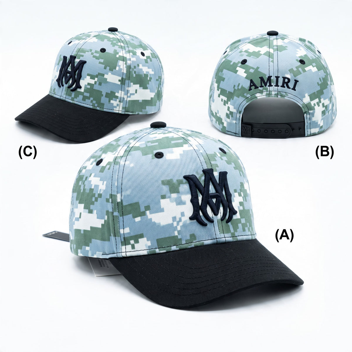 Amiri baseball cap with blue green digital camouflage crown and black brim, embroidered logo and adjustable snapback