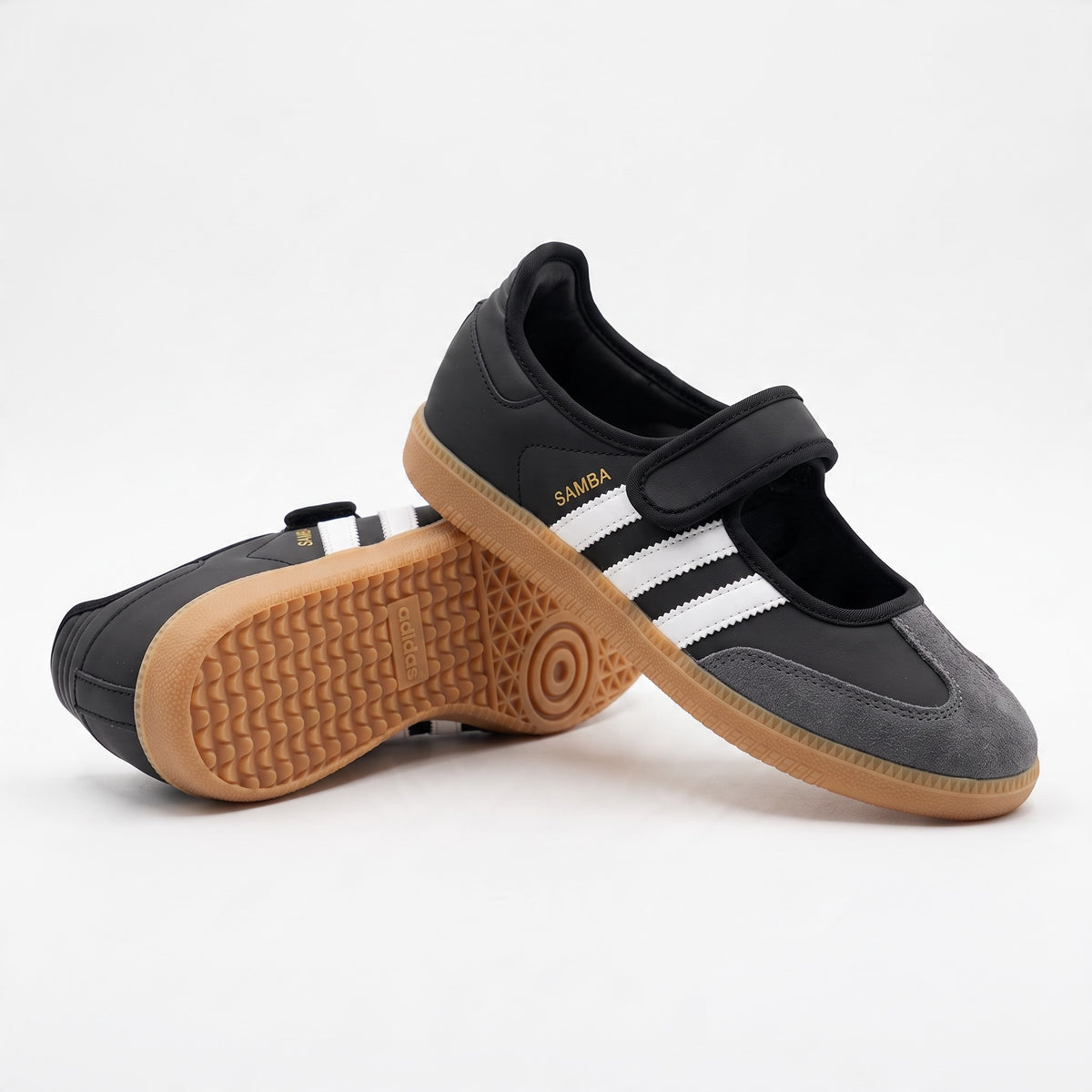 adidas samba mary jane black white gum sole sneaker with velcro strap