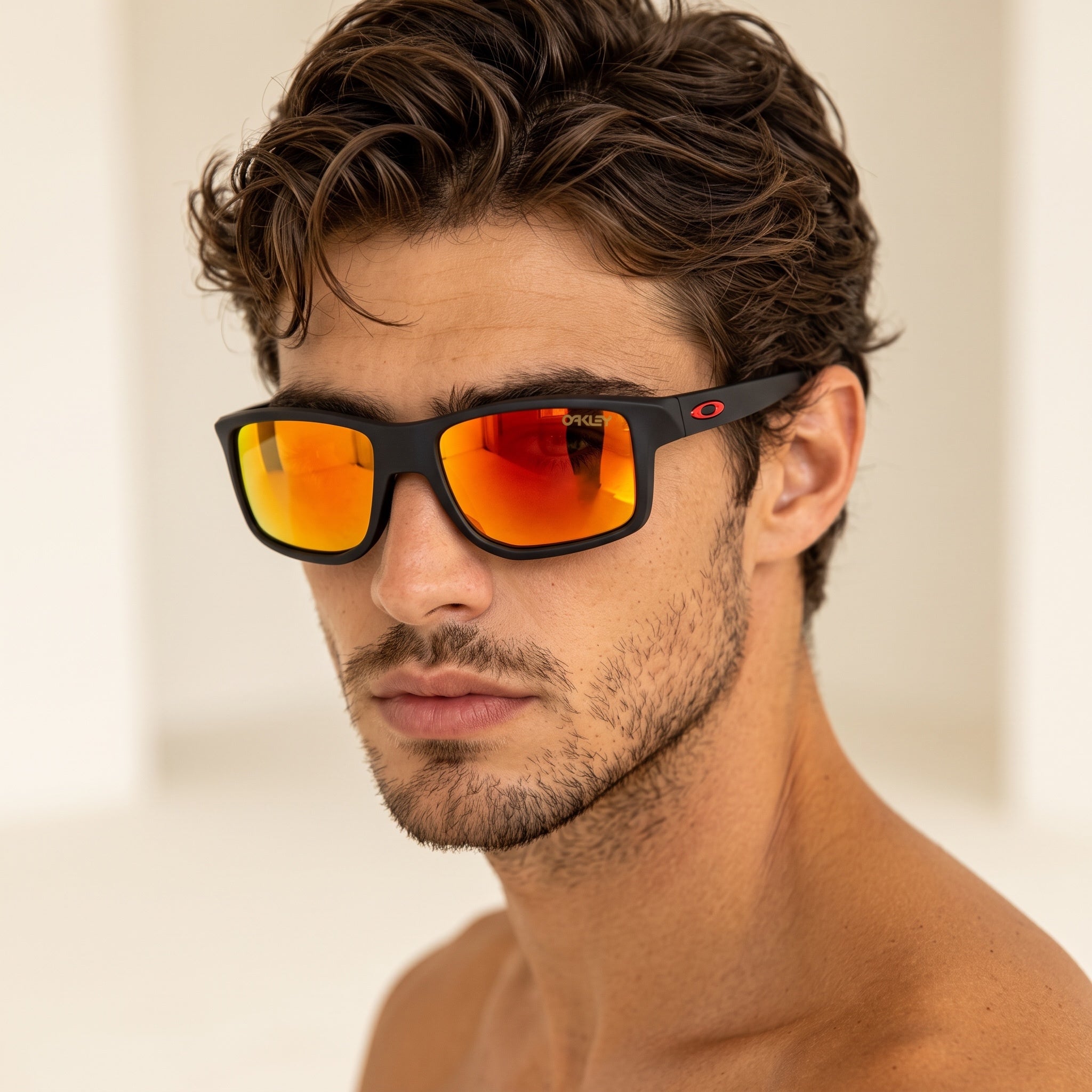 Oakley matte black sunglasses with red-orange mirrored lenses on model