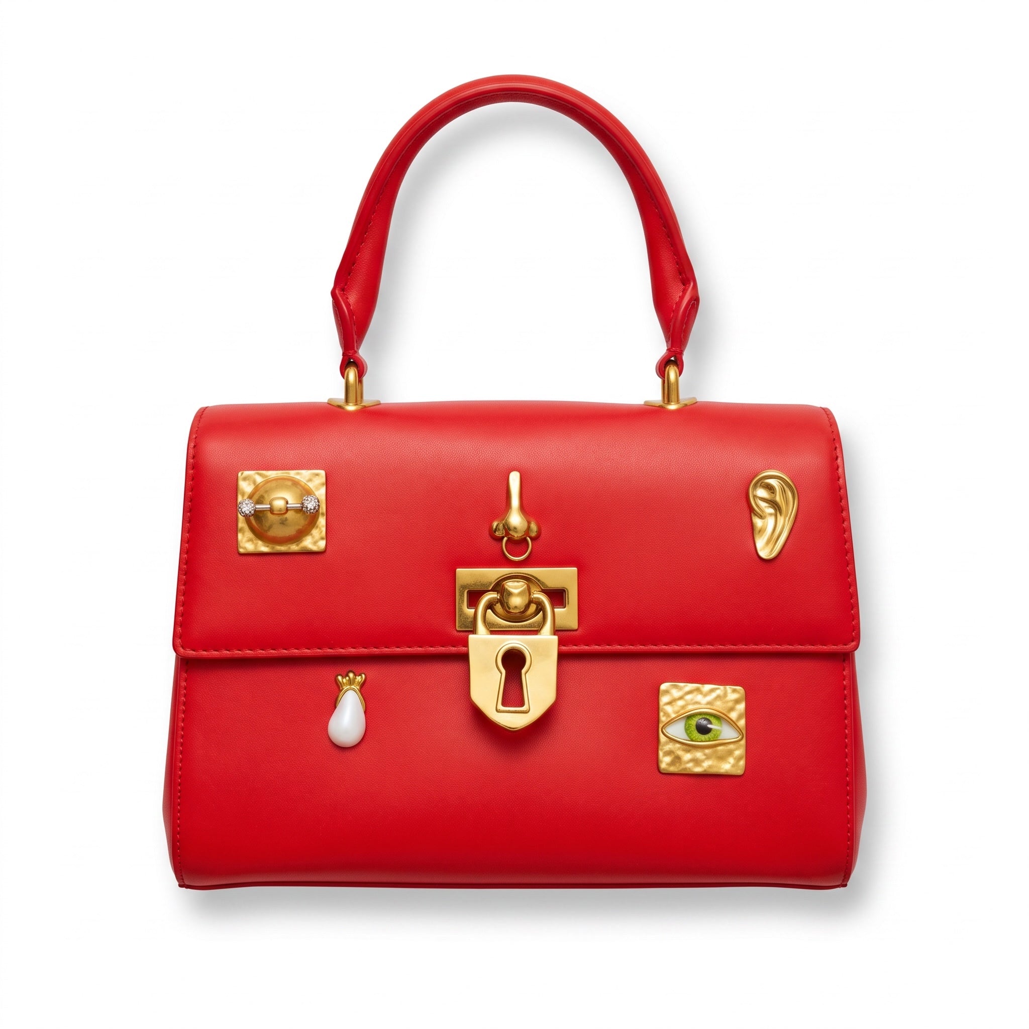 Red Dolce & Gabbana style top-handle bag with gold decorative hardware and charms