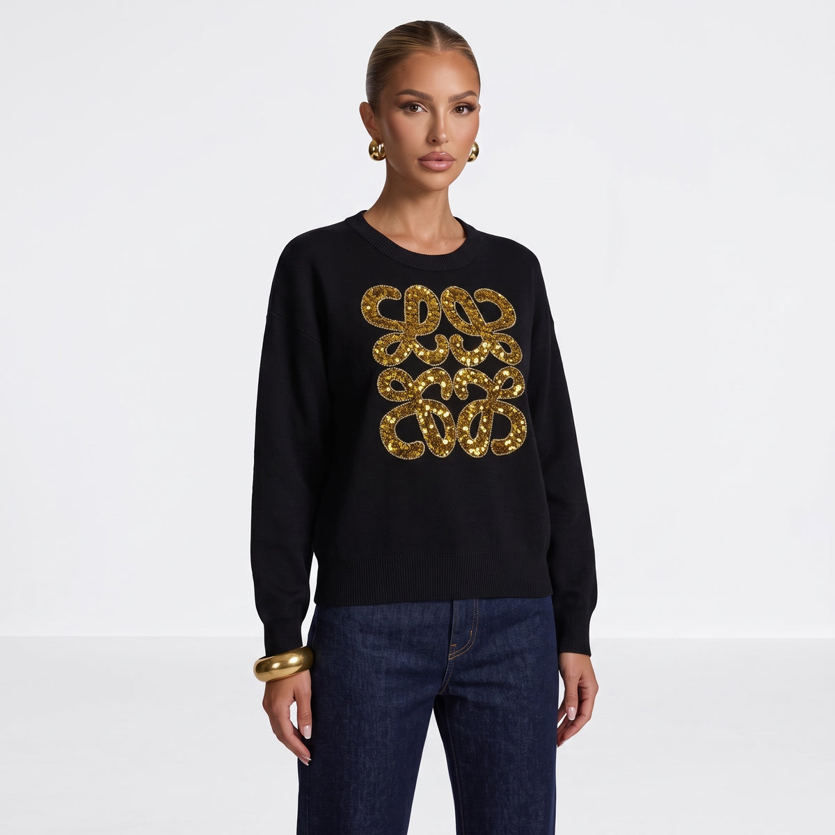Black Loewe crew-neck sweater with gold sequin anagram motif