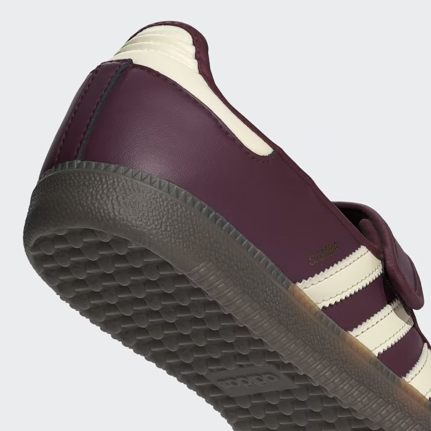 maroon adidas samba mary jane sneaker with cream three stripes and velcro strap