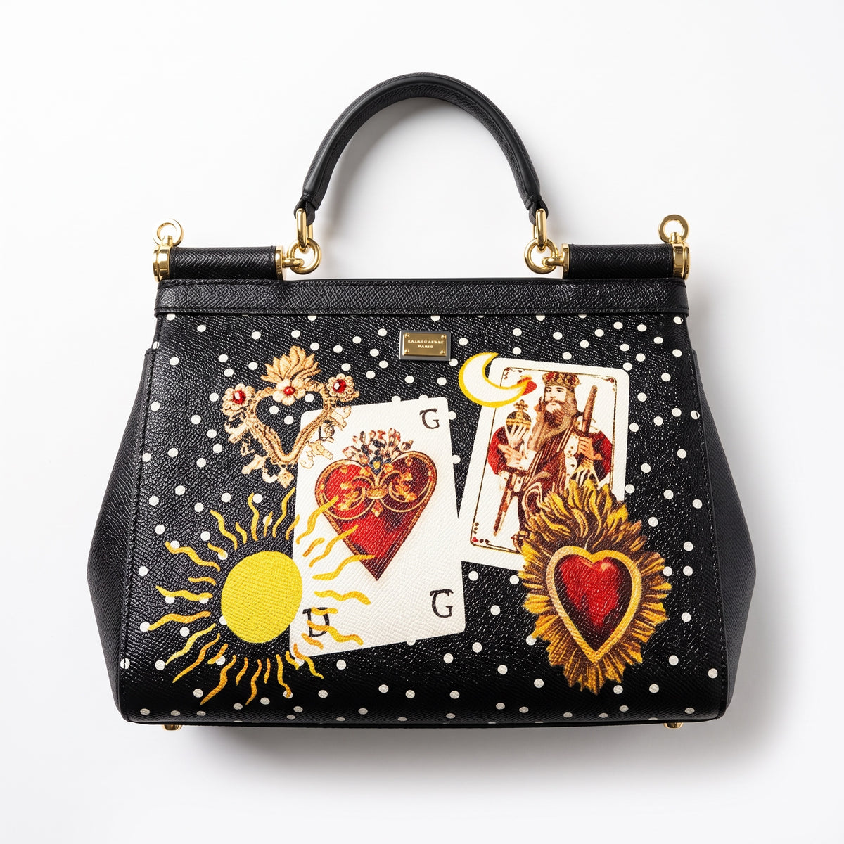 Dolce&Gabbana black Sicily top-handle bag with polka dot and tarot card print, gold hardware
