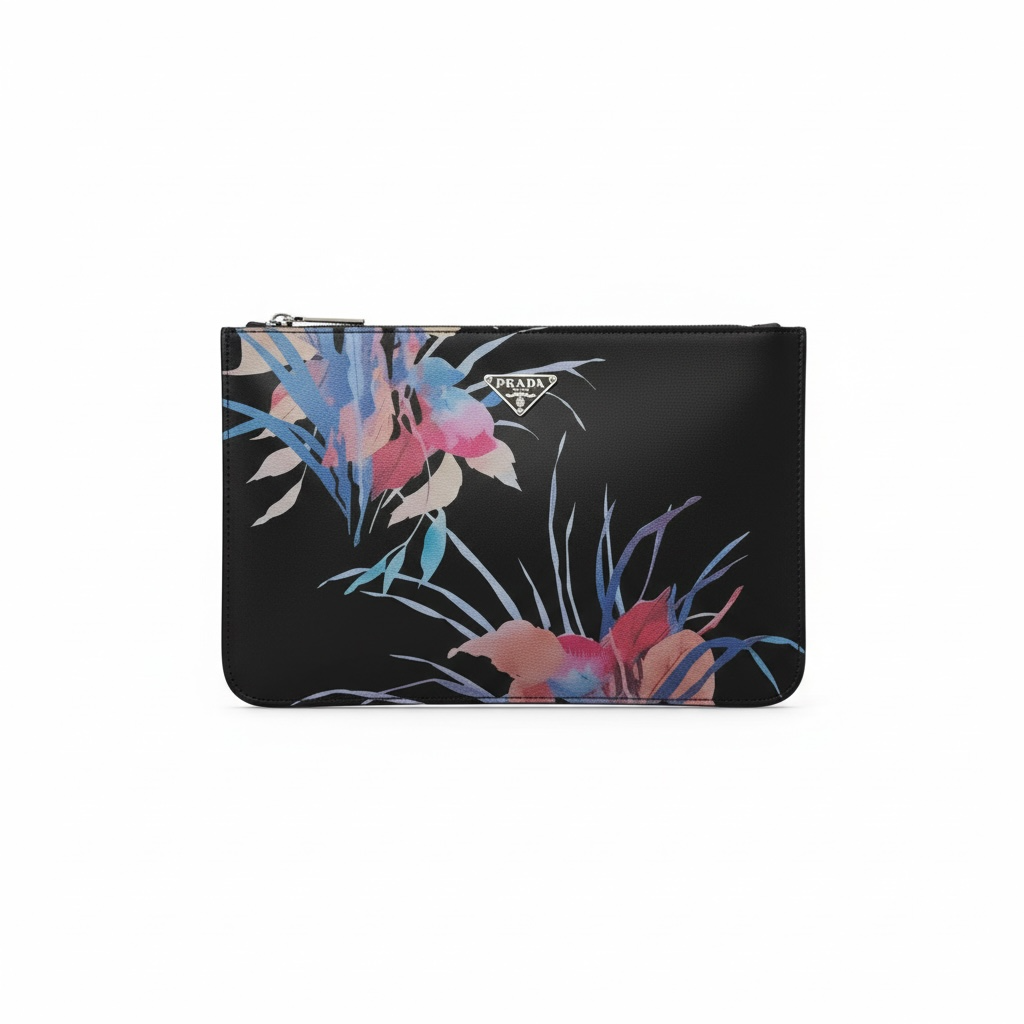 Prada Floral Print Zipped Pouch – Black 🌸🖤