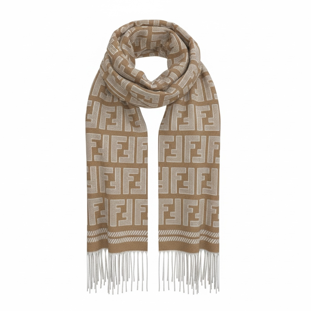 Fendi FF Monogram Wool Scarf – Beige & Ivory Luxury Fringe Scarf 🧣✨
