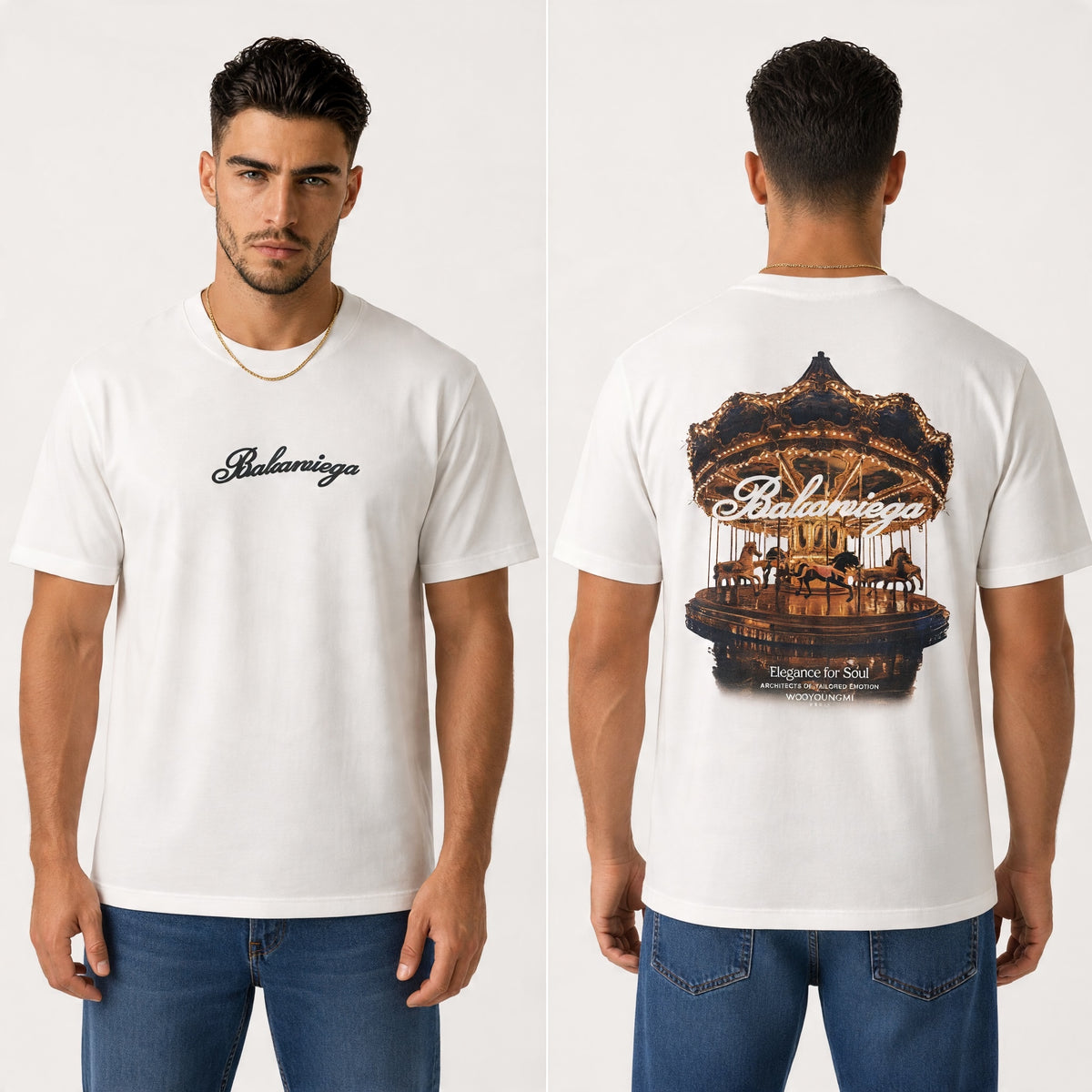 Wooyoungmi white t-shirt with chest script logo and large carousel graphic on back