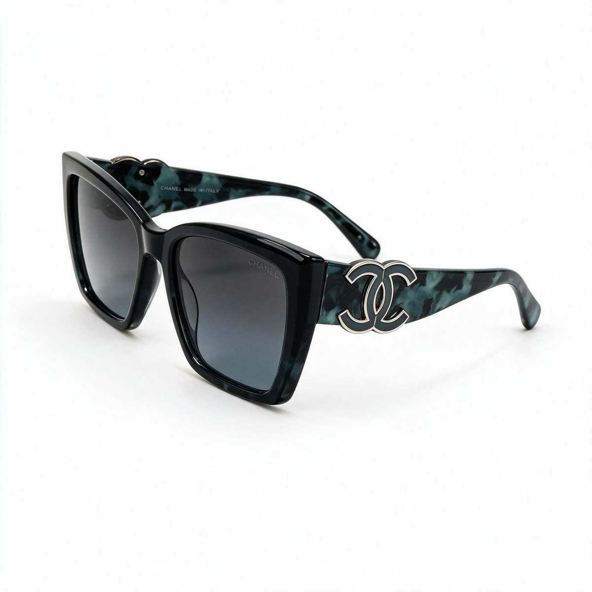 Chanel oversized green tortoise cat-eye sunglasses with double C logo on temples