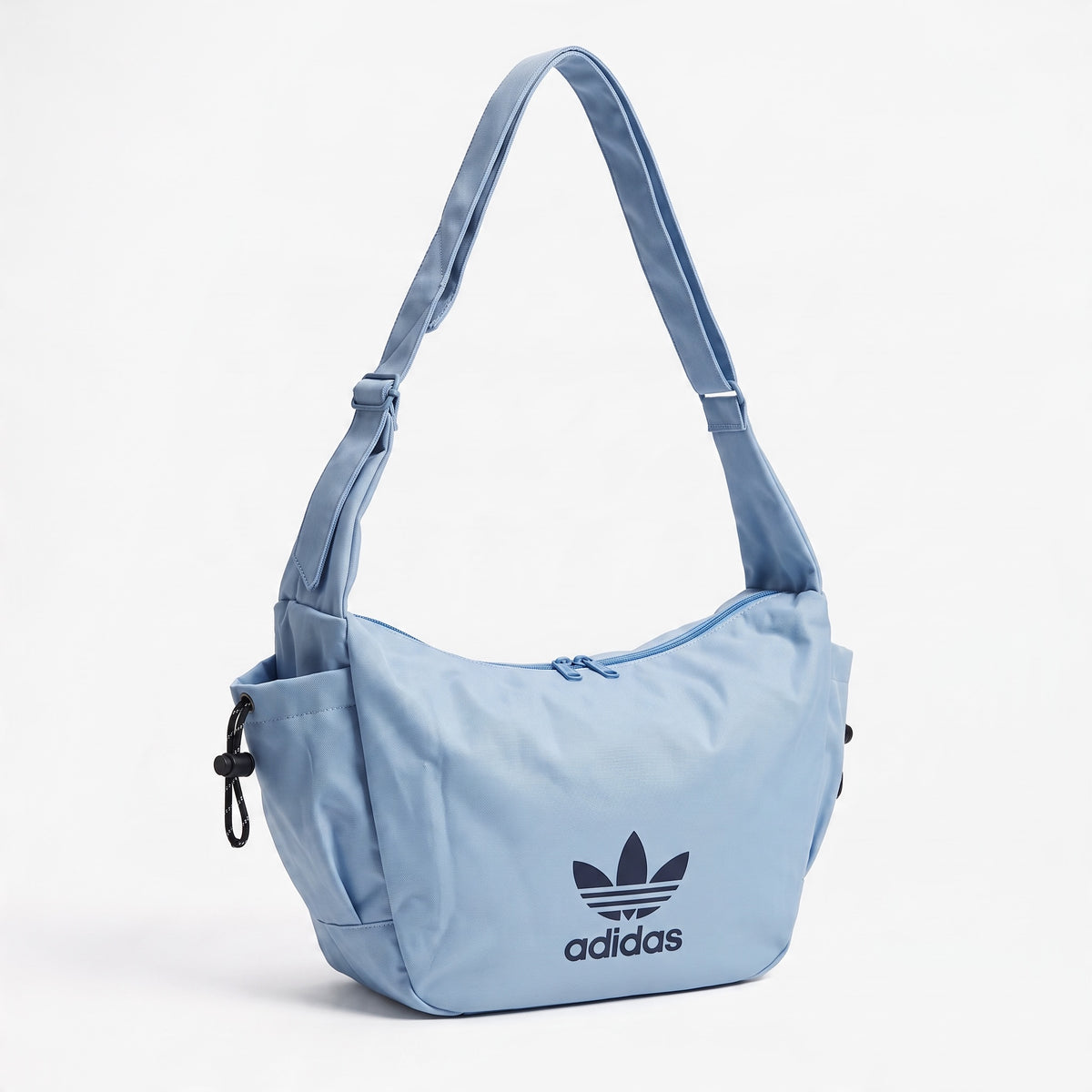 Sky blue Adidas trefoil shoulder bag with zip top and wide strap