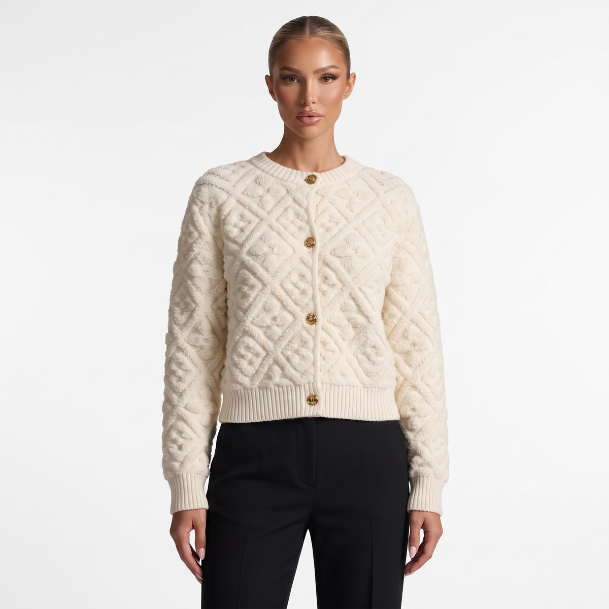 Cream quilted cropped cardigan with gold crest buttons and ribbed hem