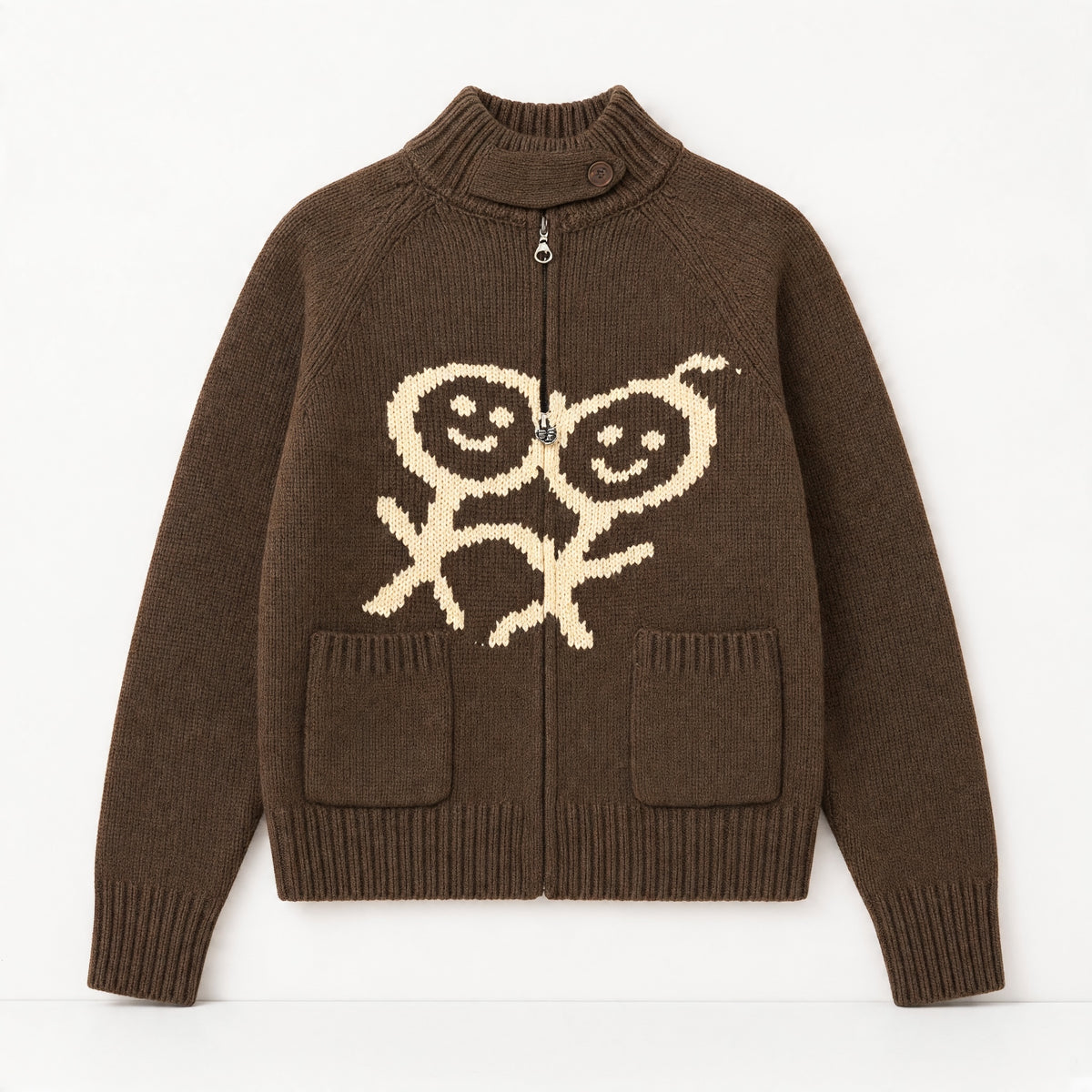 brown chunky knit zip cardigan with cream smiling motif and button tab collar