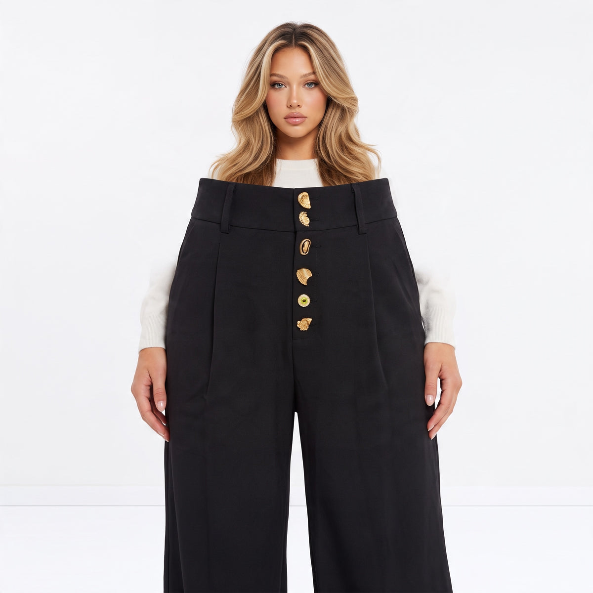 Black high-waist wide-leg trousers with gold decorative buttons