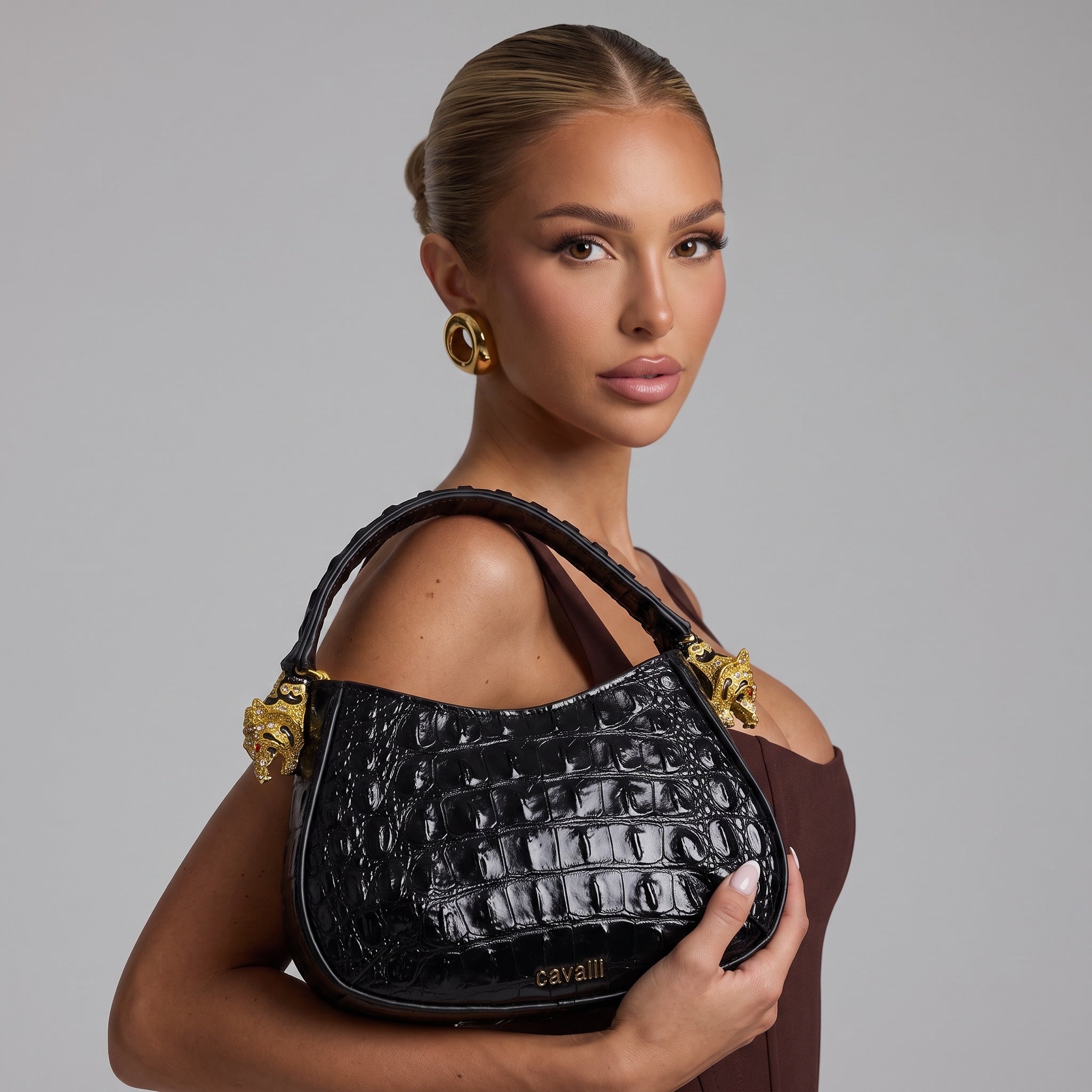 Black croc-effect Cavalli shoulder bag with gold dragon hardware