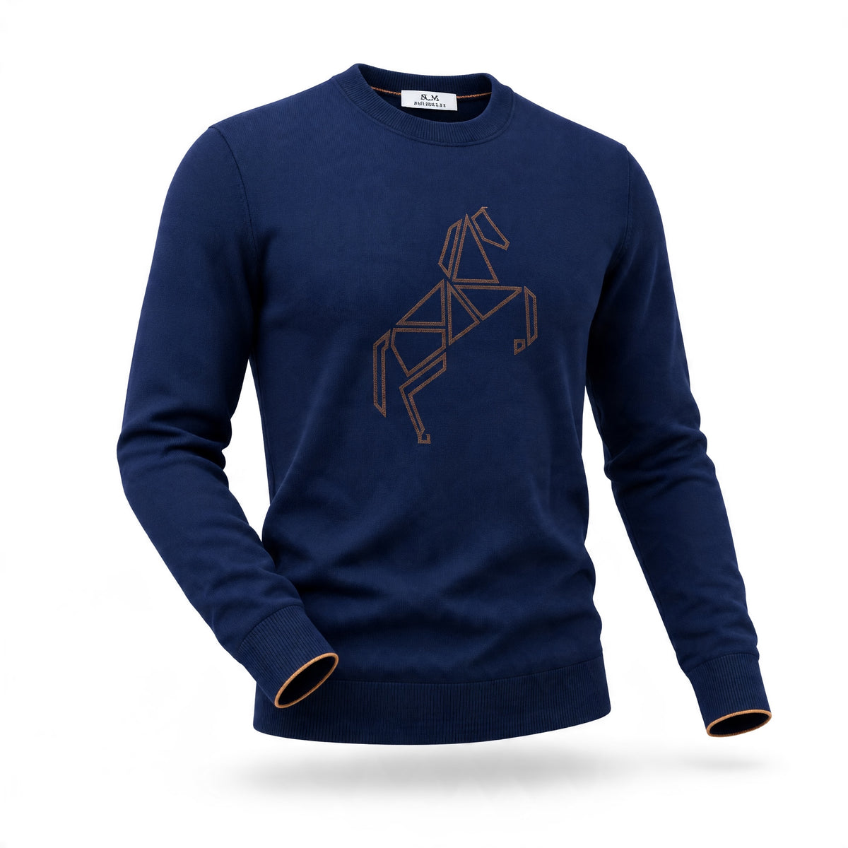 navy crewneck sweatshirt with geometric embroidery and orange cuff trim