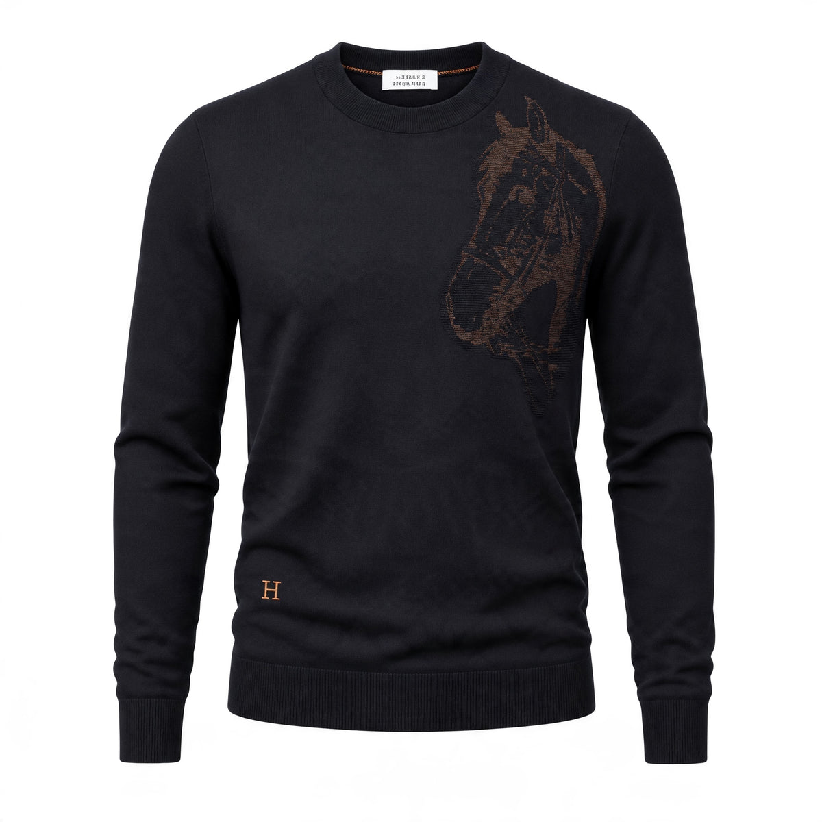 Black Hermès crewneck sweatshirt with horse head motif and small embroidered H