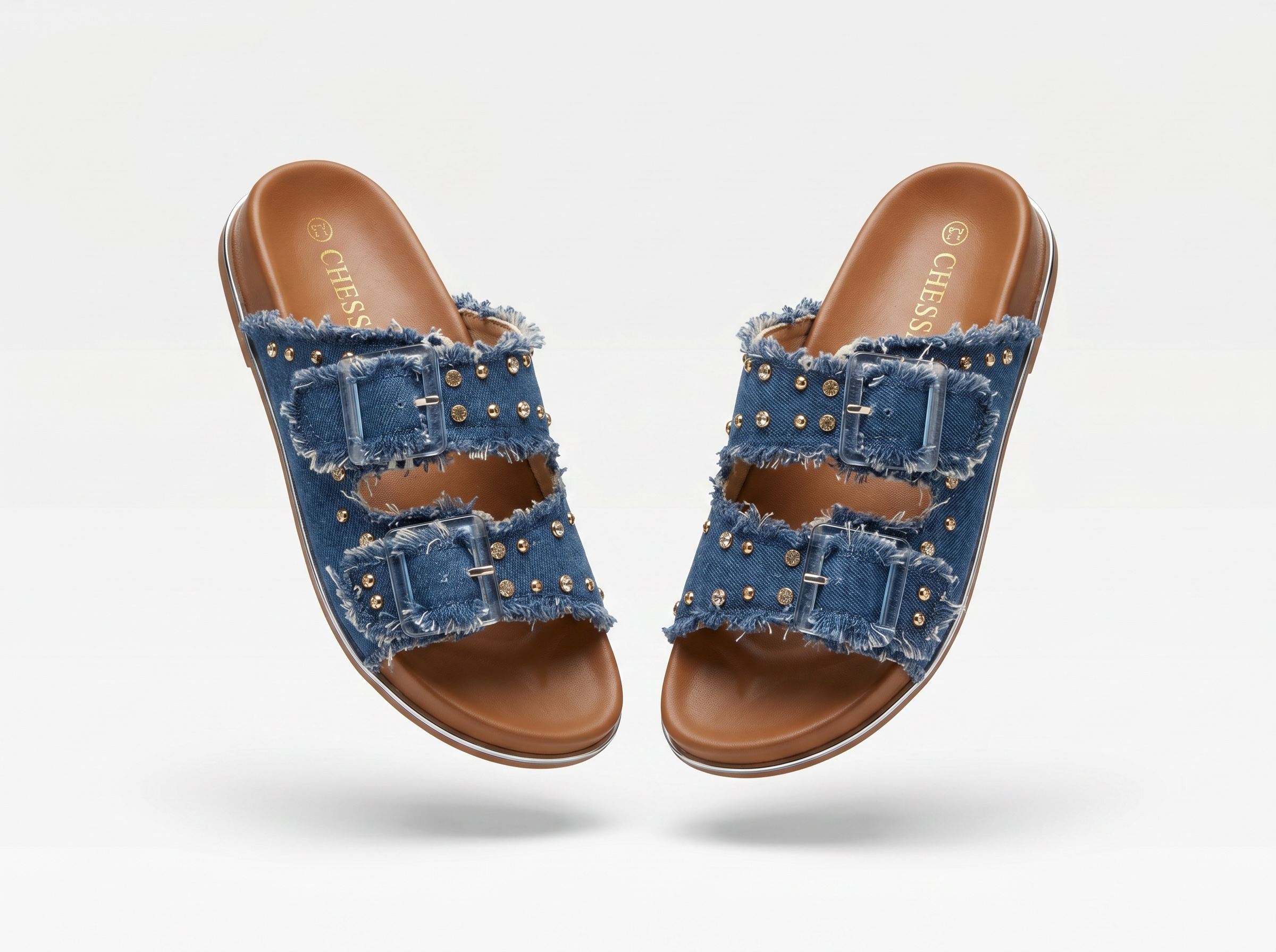 Boho Luxe Studded Dark Denim Double-Strap Slide Sandals 💙✨👡