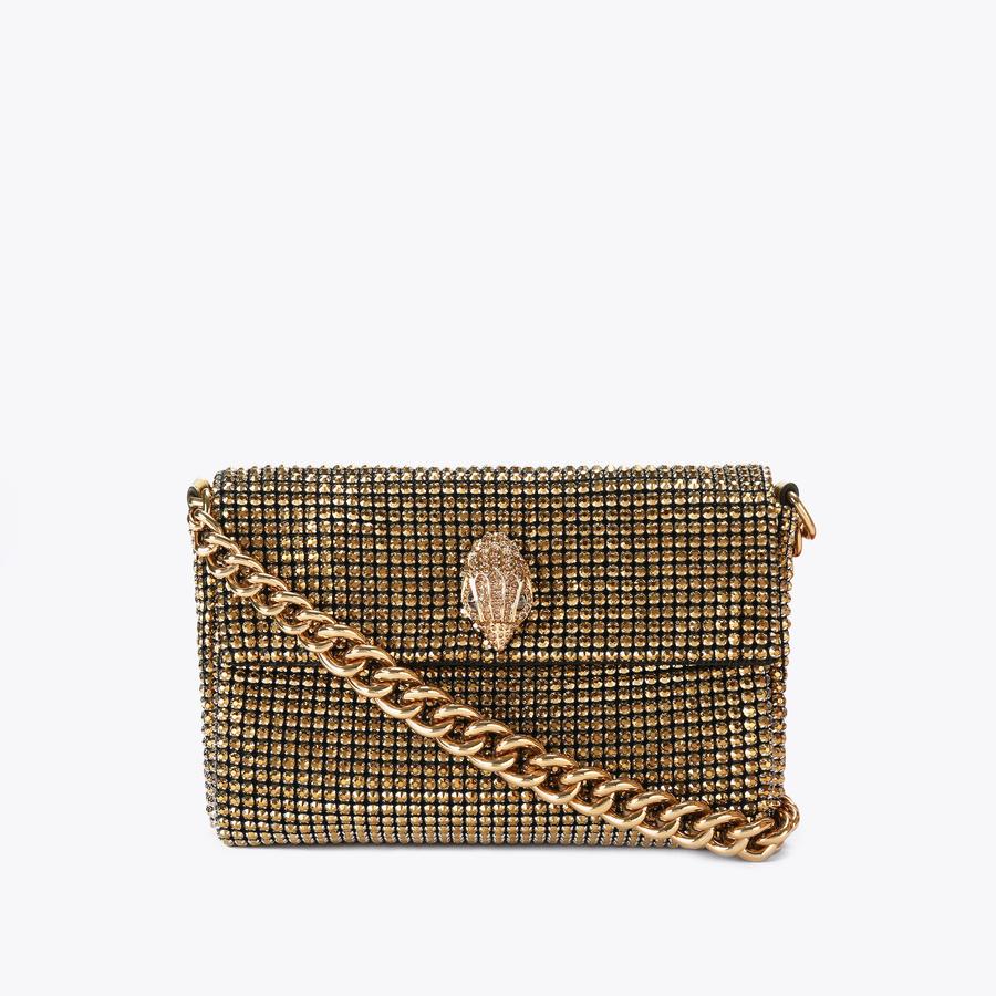gold crystal mesh shoulder bag with sculpted jewel clasp and chunky chain strap
