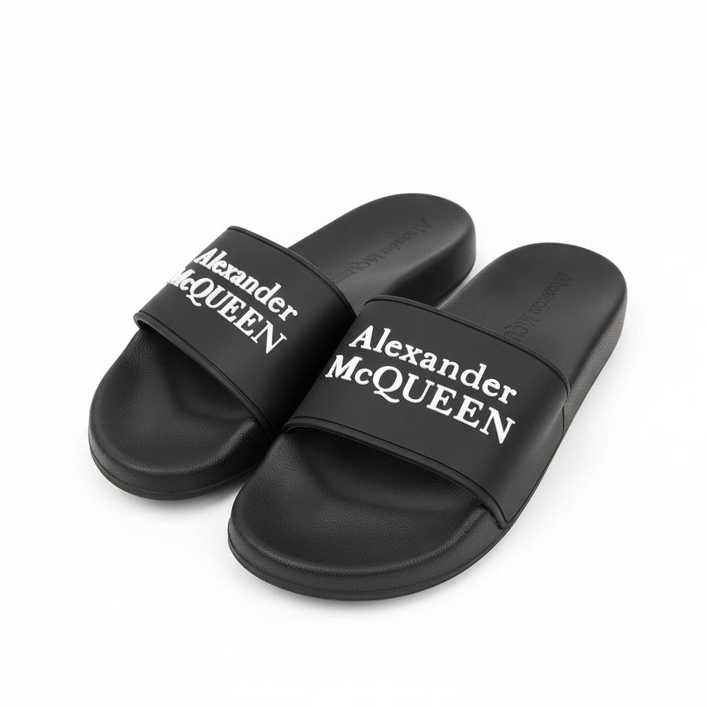Alexander McQueen Black Logo Slides 🖤✨ | Luxury Minimal Summer Essential 🔥👑