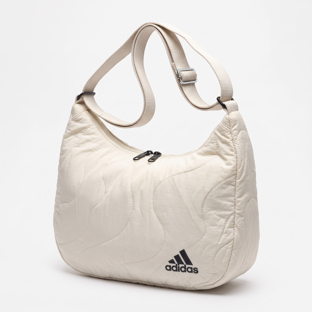 Cream quilted Adidas puffer hobo bag with adjustable strap and black logo