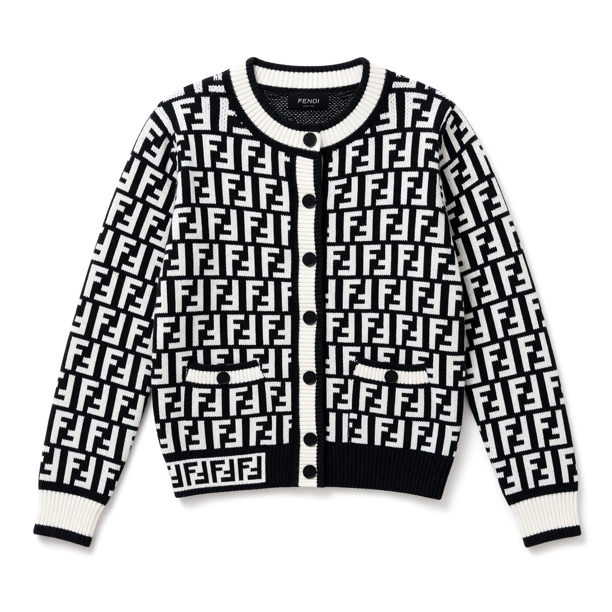 black and white monogram knit cardigan with buttons and ribbed trims