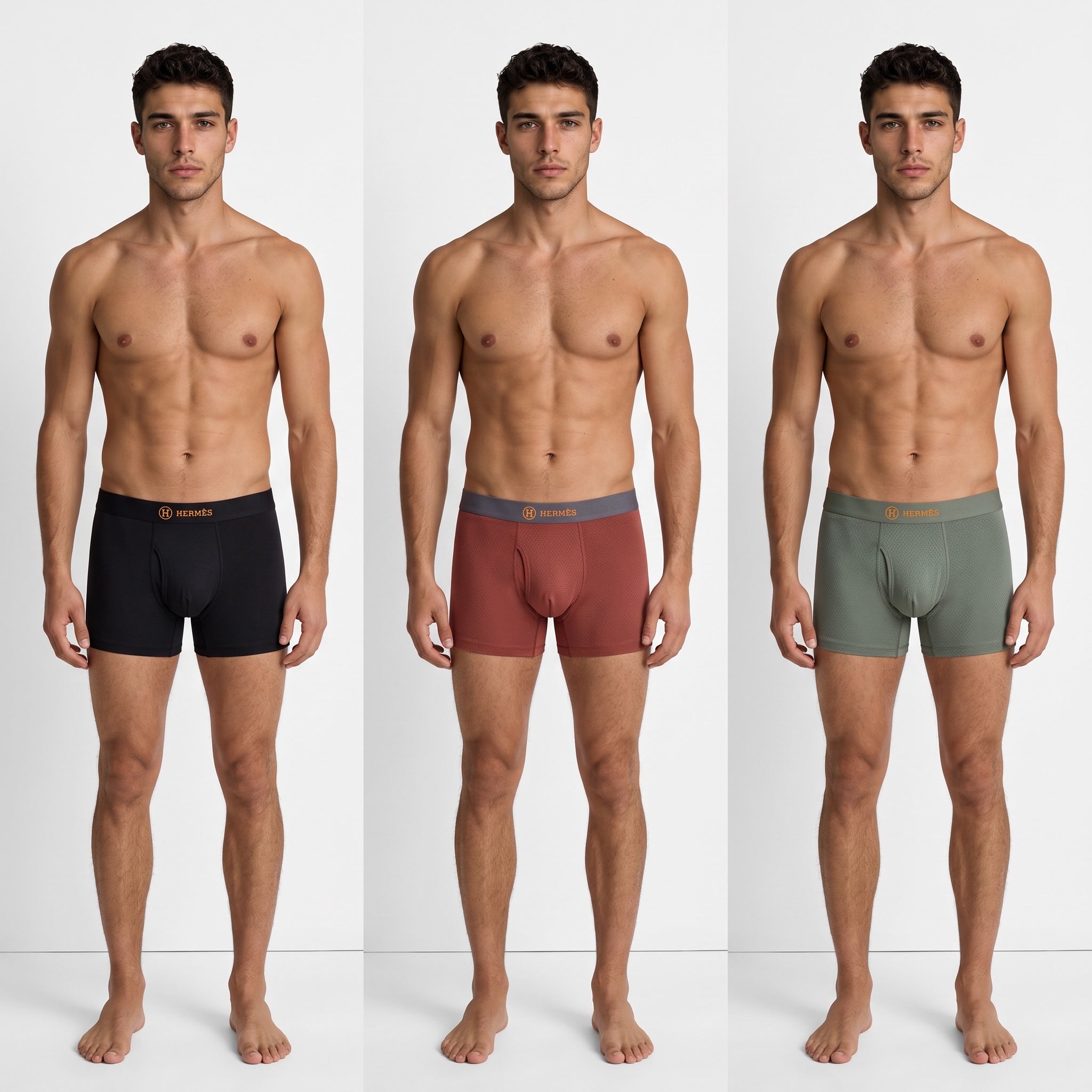 Three Hermès men's boxer briefs in black rust and olive with logo waistbands