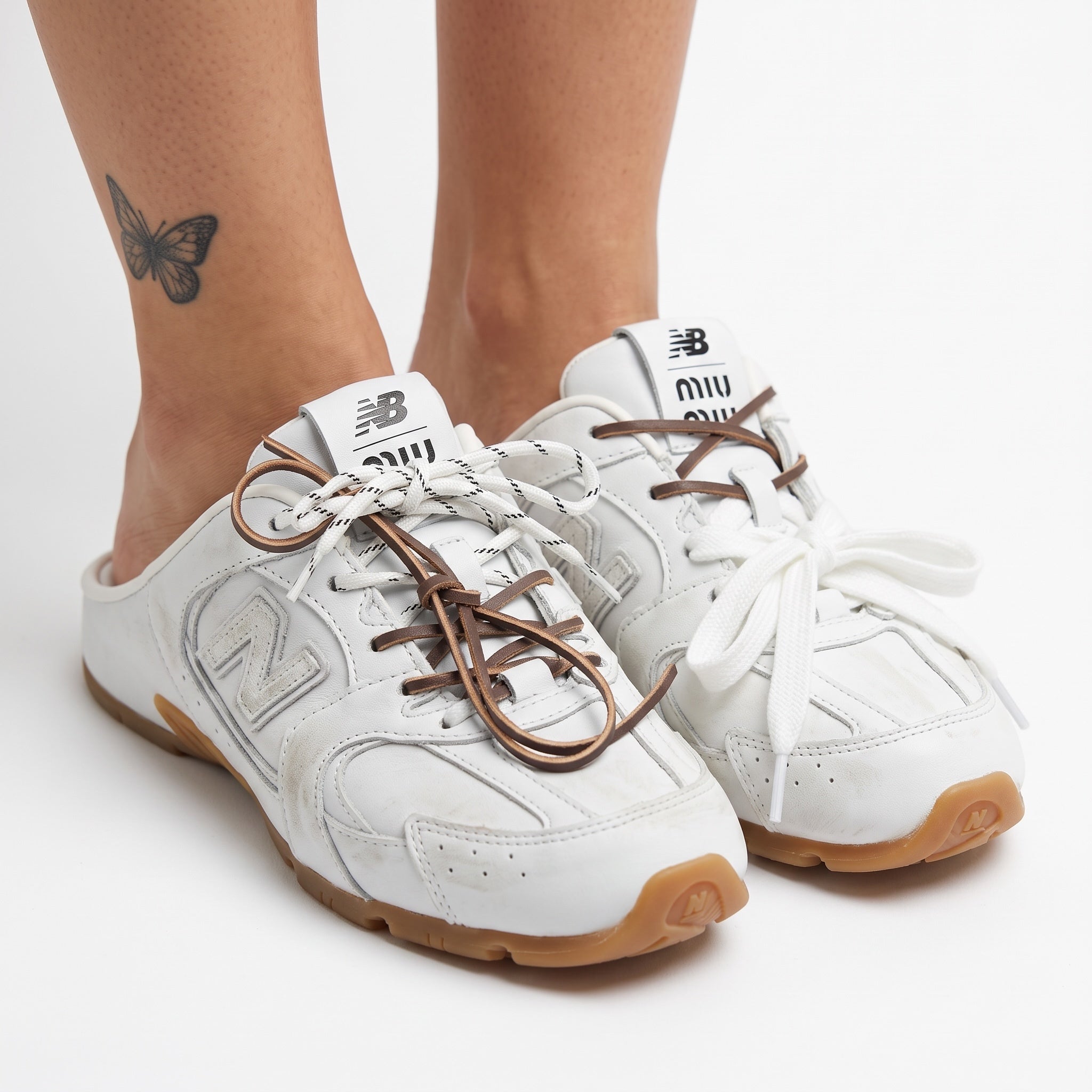 Miu Miu x New Balance white mule sneakers with gum sole and mixed laces