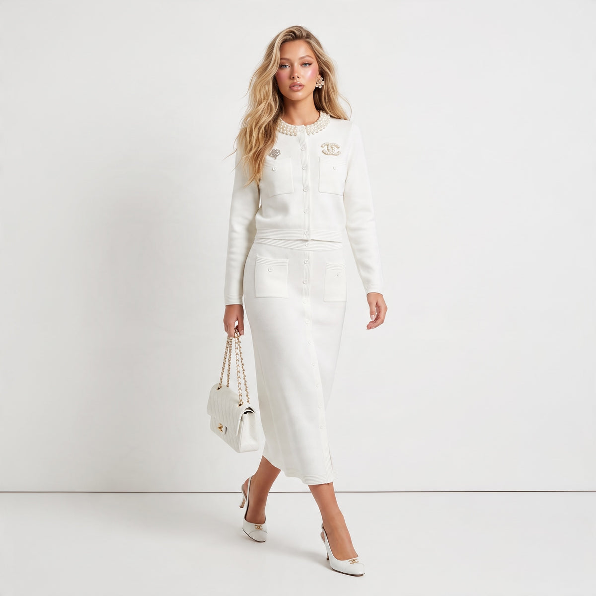 Cream cropped cardigan with pearl collar, chest pockets and decorative brooches