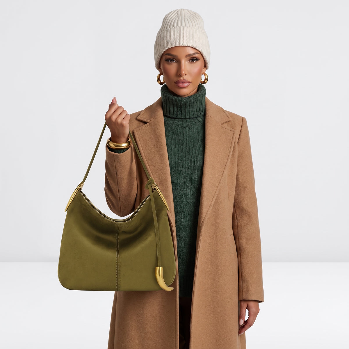 olive hobo shoulder bag with gold horn hardware