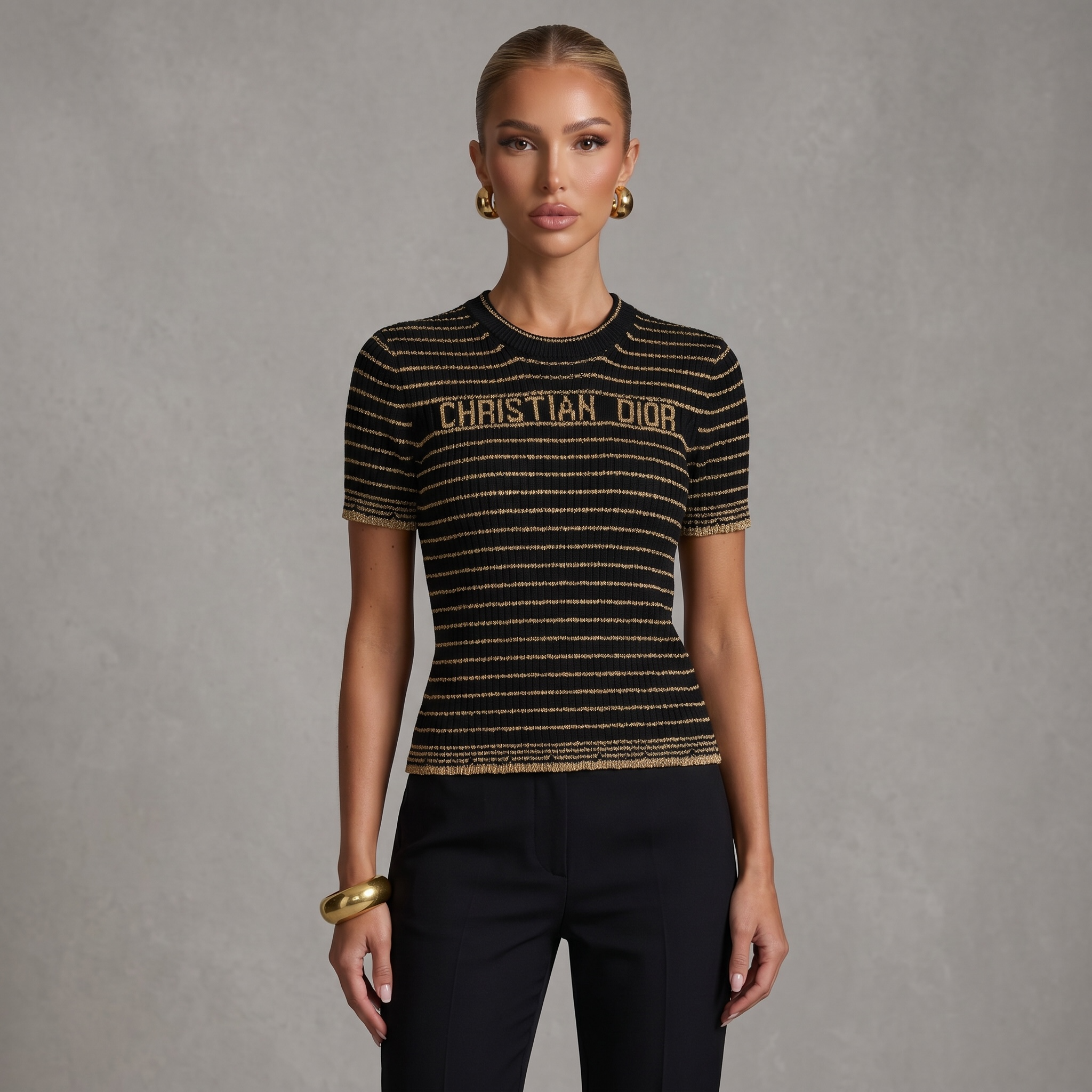 ✨ Christian Dior Metallic Stripe Knit Top – Black & Gold