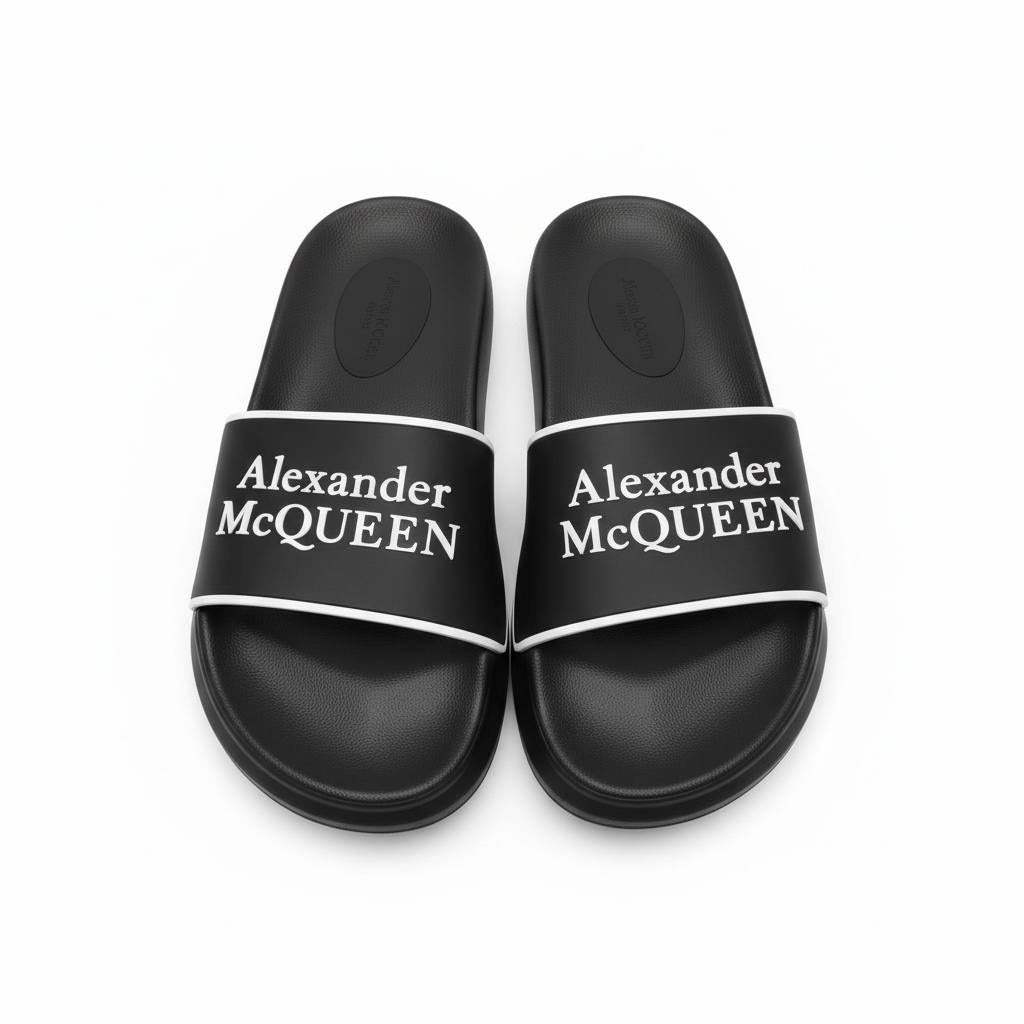 Alexander McQueen Black & White Logo Slides 🖤🤍🔥 | Iconic Luxury Summer Essential 👑