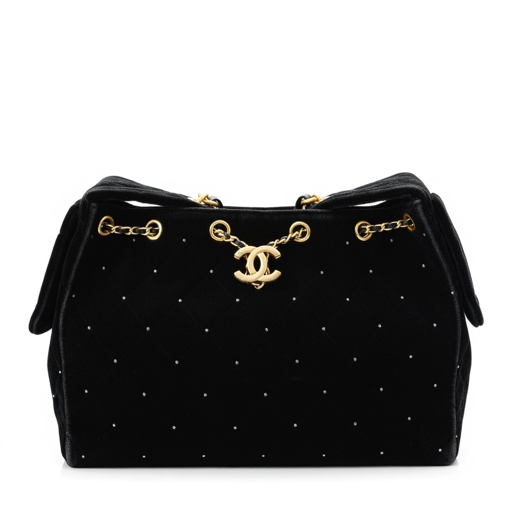 Chanel Velvet Crystal Quilted Shoulder Bag – Black & Gold ✨🖤