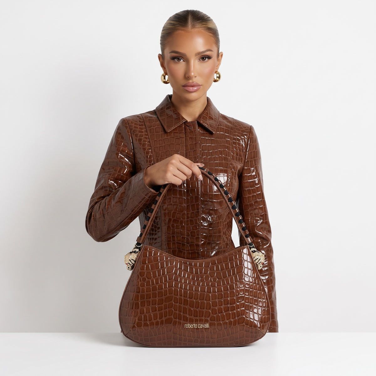 Brown croc-embossed Roberto Cavalli shoulder hobo bag with gold logo and animal-head charms