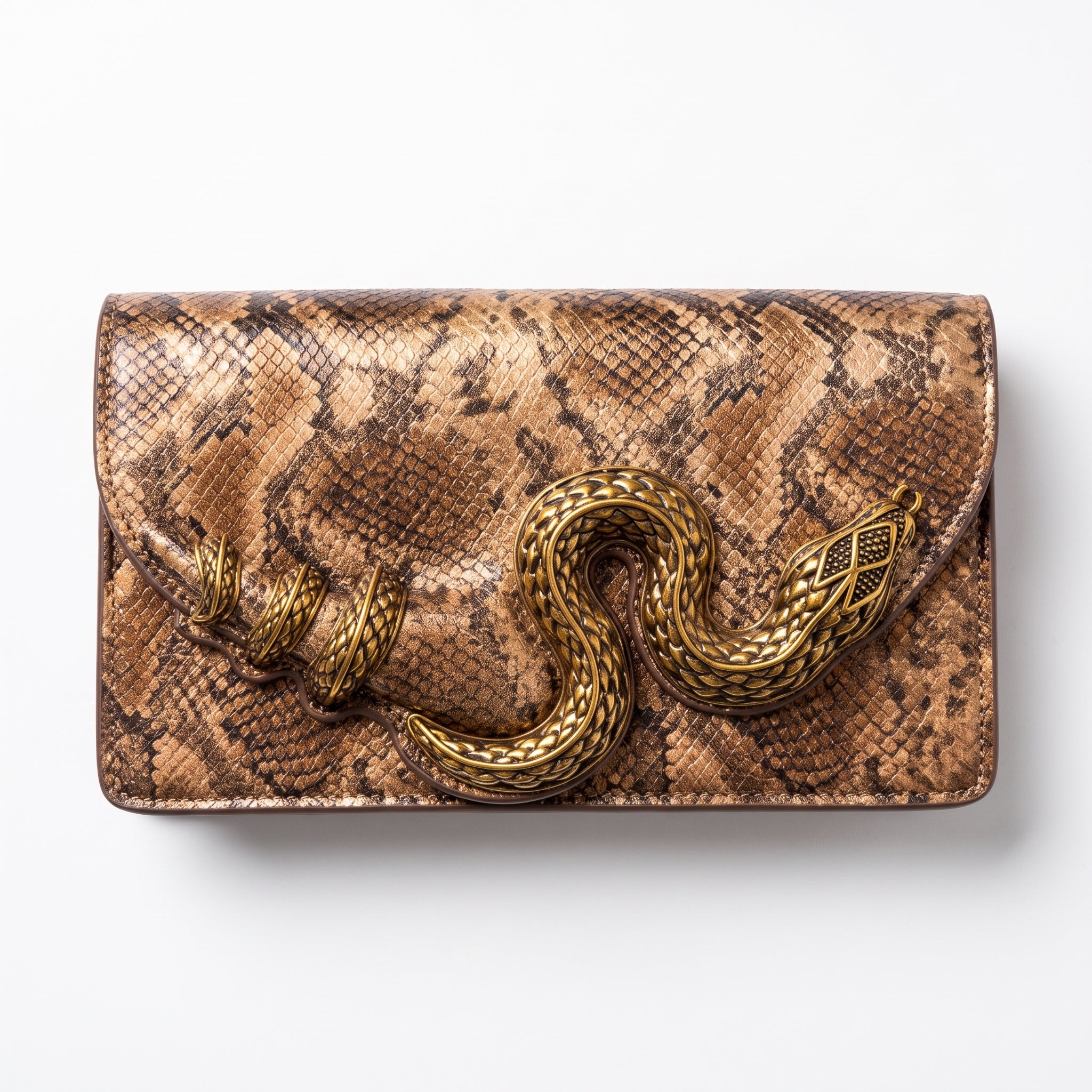 Roberto Cavalli brown snake-print clutch with antique-gold serpent hardware