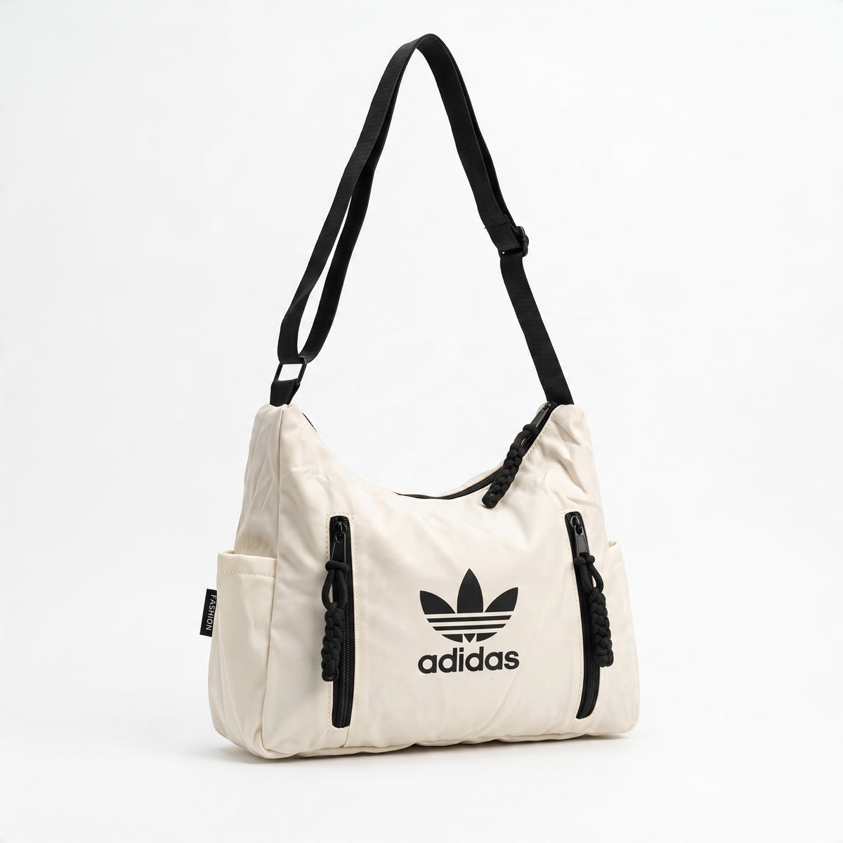 Ivory Adidas hobo tote with black strap and trefoil logo